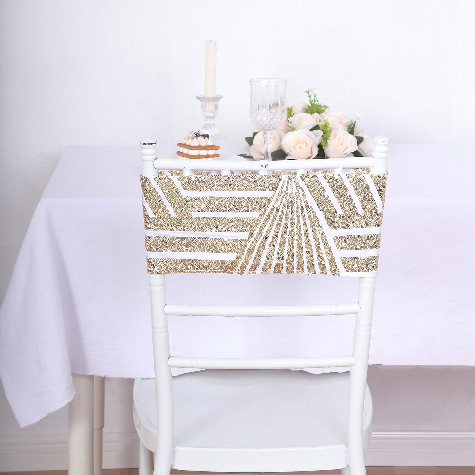 5 Pack Sequin Spandex Chair Sash White with Gold Geometric Diamond Glitz Pattern - Dazzling Reusable Stretch Chair Bands for Glamorous Celebrations - Image 2