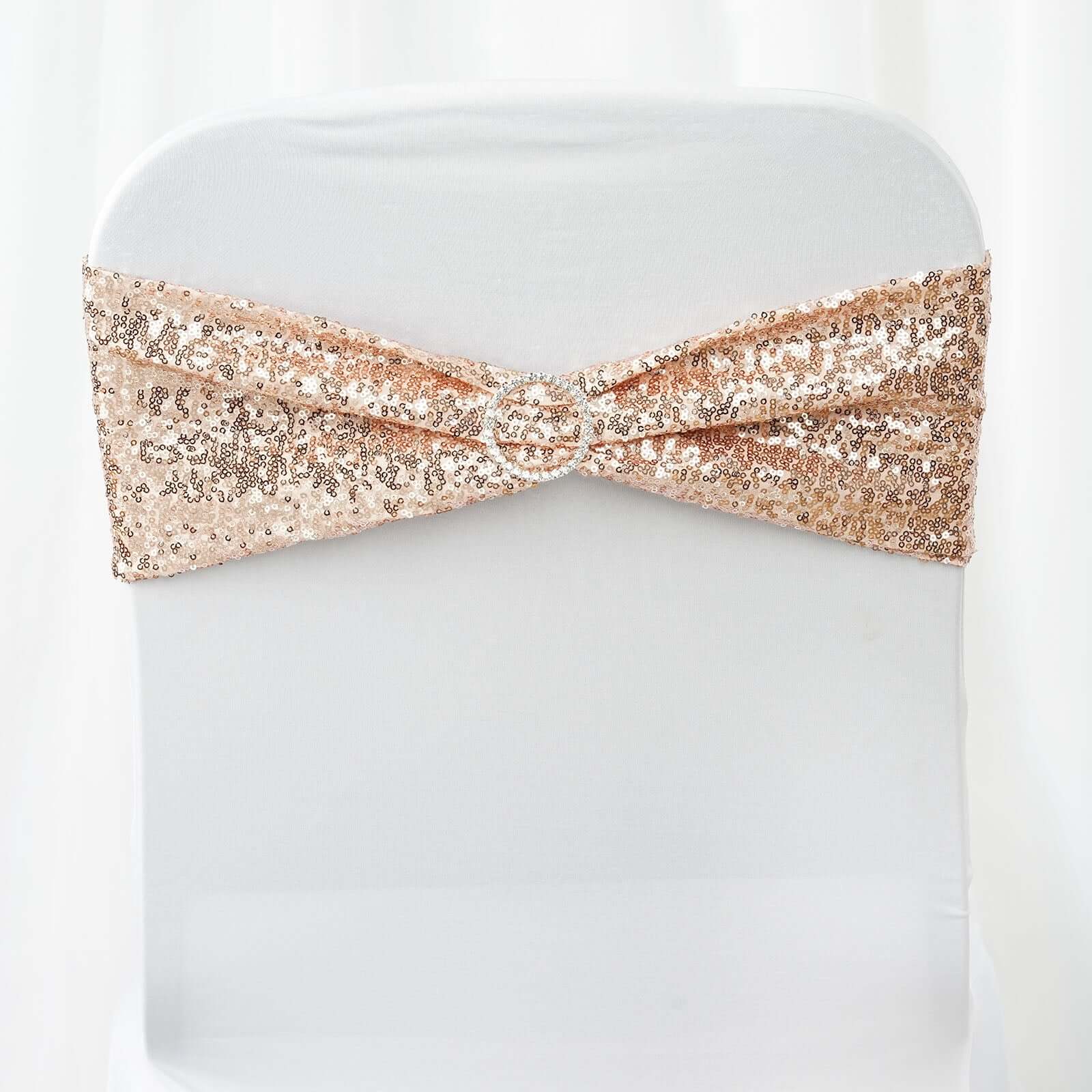 5 Pack Sequin Spandex Chair Sashes 6"x15" Blush - Stretch Chair Bands - Image 8
