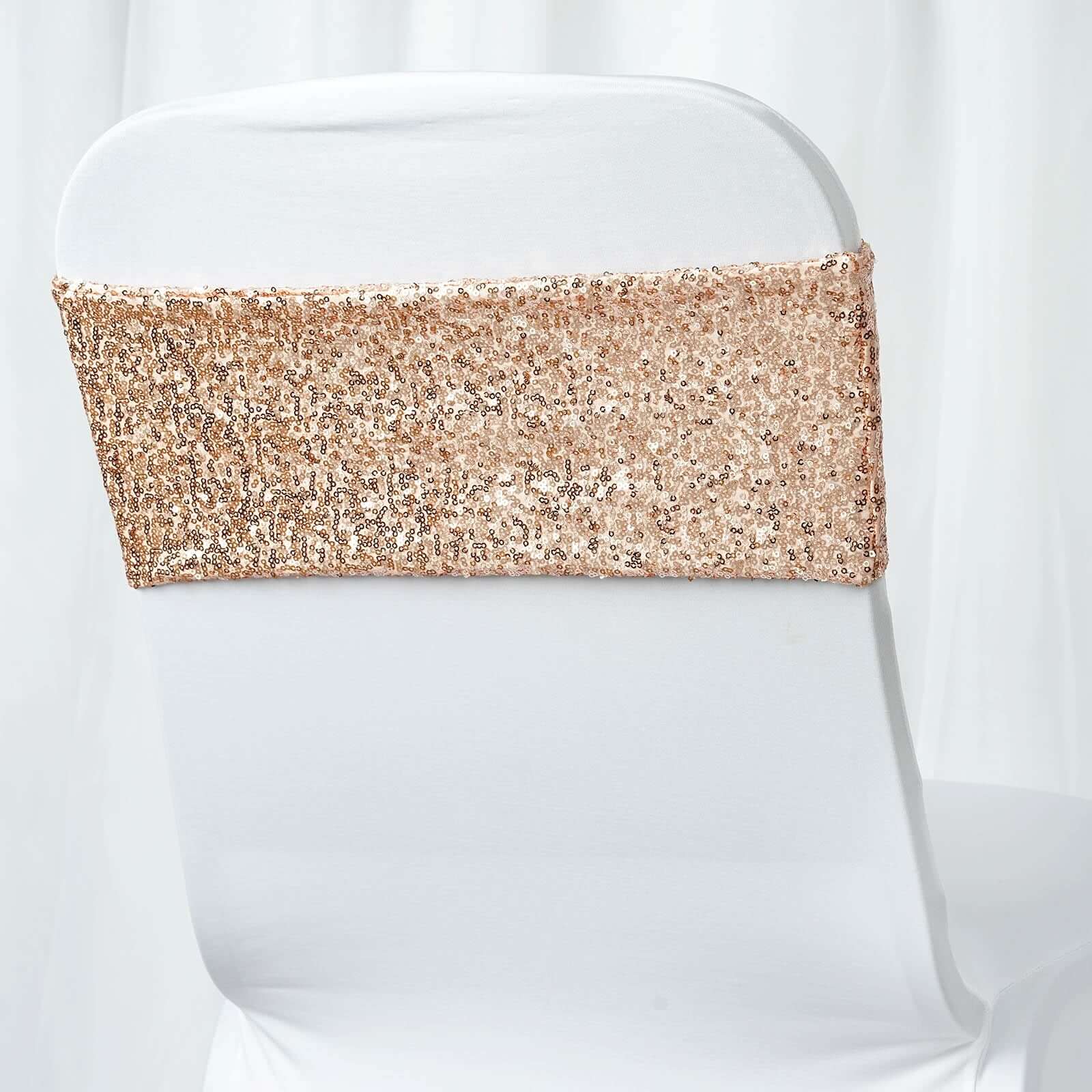 5 Pack Sequin Spandex Chair Sashes 6"x15" Blush - Stretch Chair Bands - Image 9
