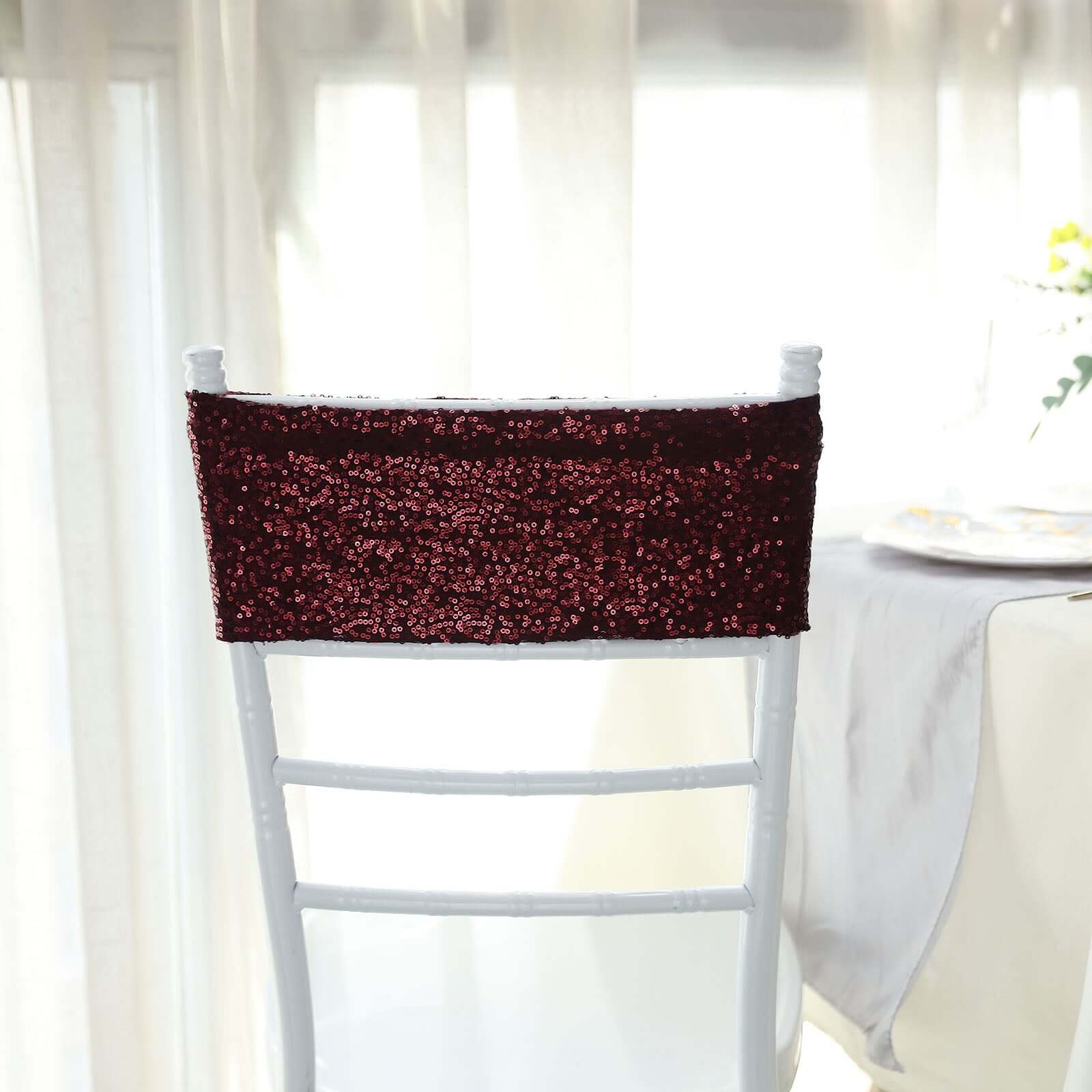 5 Pack Sequin Spandex Chair Sashes 6"x15" Burgundy - Stretch Chair Bands - Image 10