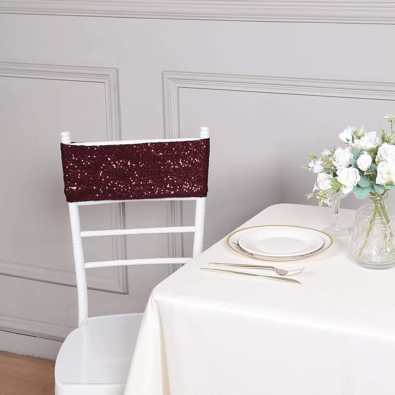 5 Pack Sequin Spandex Chair Sashes 6"x15" Burgundy - Stretch Chair Bands - Image 9