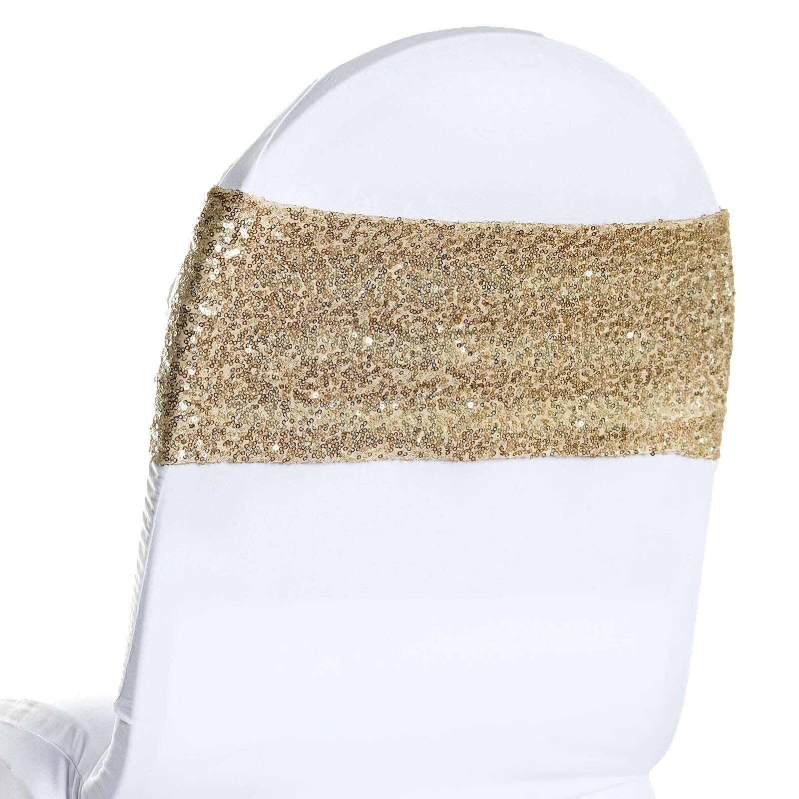 5 Pack Sequin Spandex Chair Sashes 6"x15" Champagne - Stretch Chair Bands - Image 11
