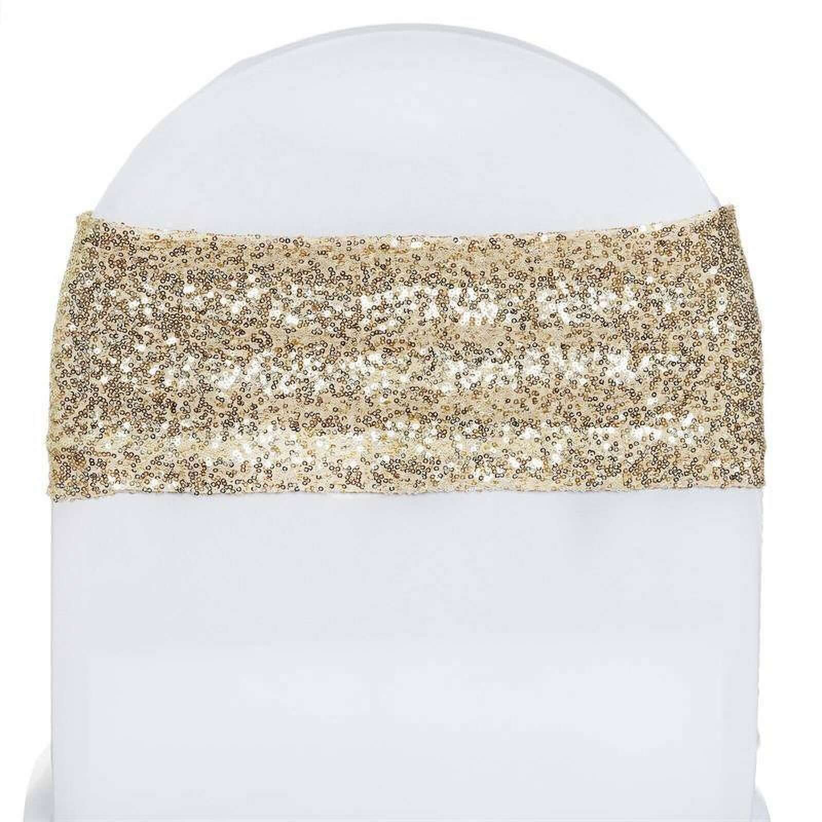 5 Pack Sequin Spandex Chair Sashes 6"x15" Champagne - Stretch Chair Bands - Image 13