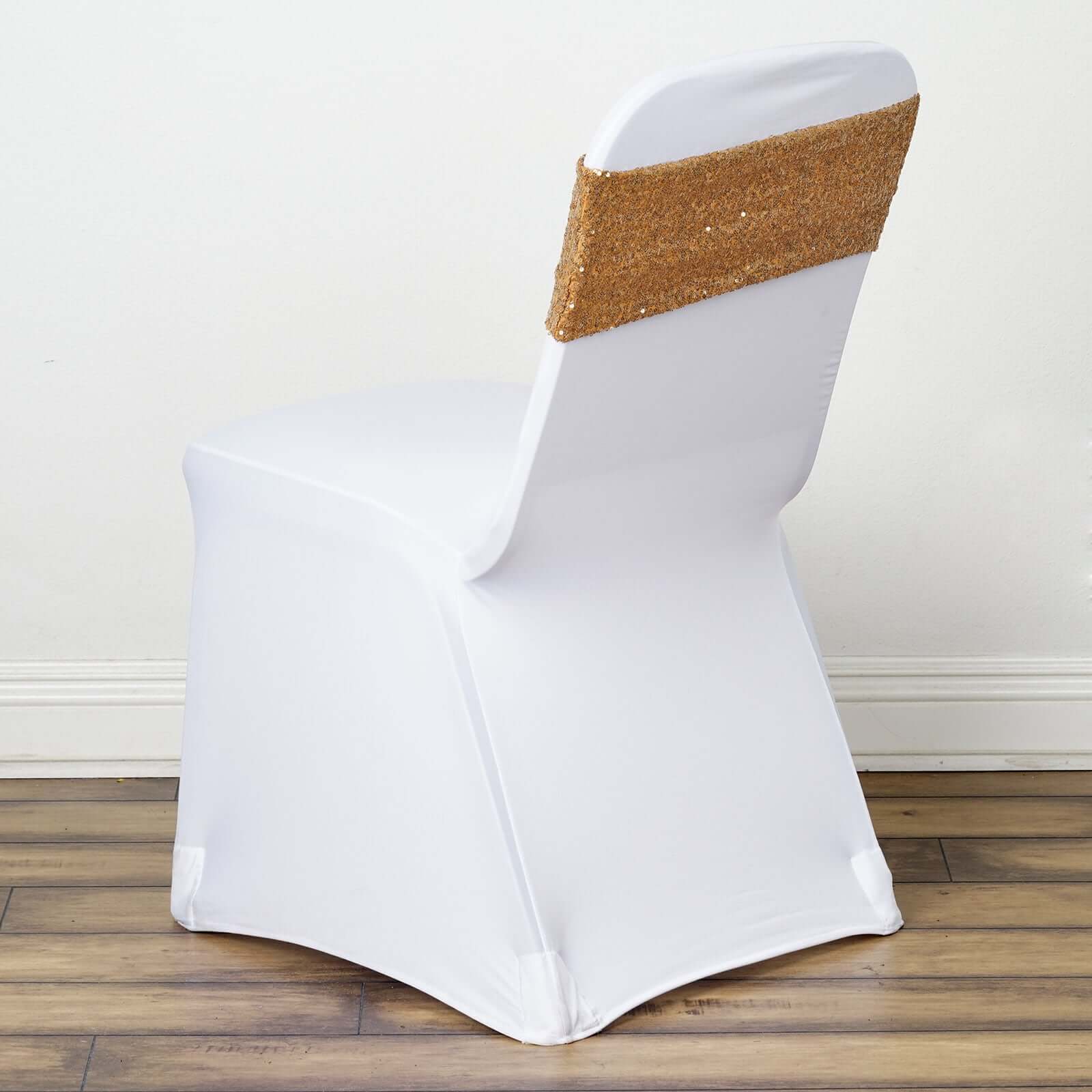 5 Pack Sequin Spandex Chair Sashes 6"x15" Gold - Shimmering Stretch Chair Bands for Festive Celebrations - Image 10