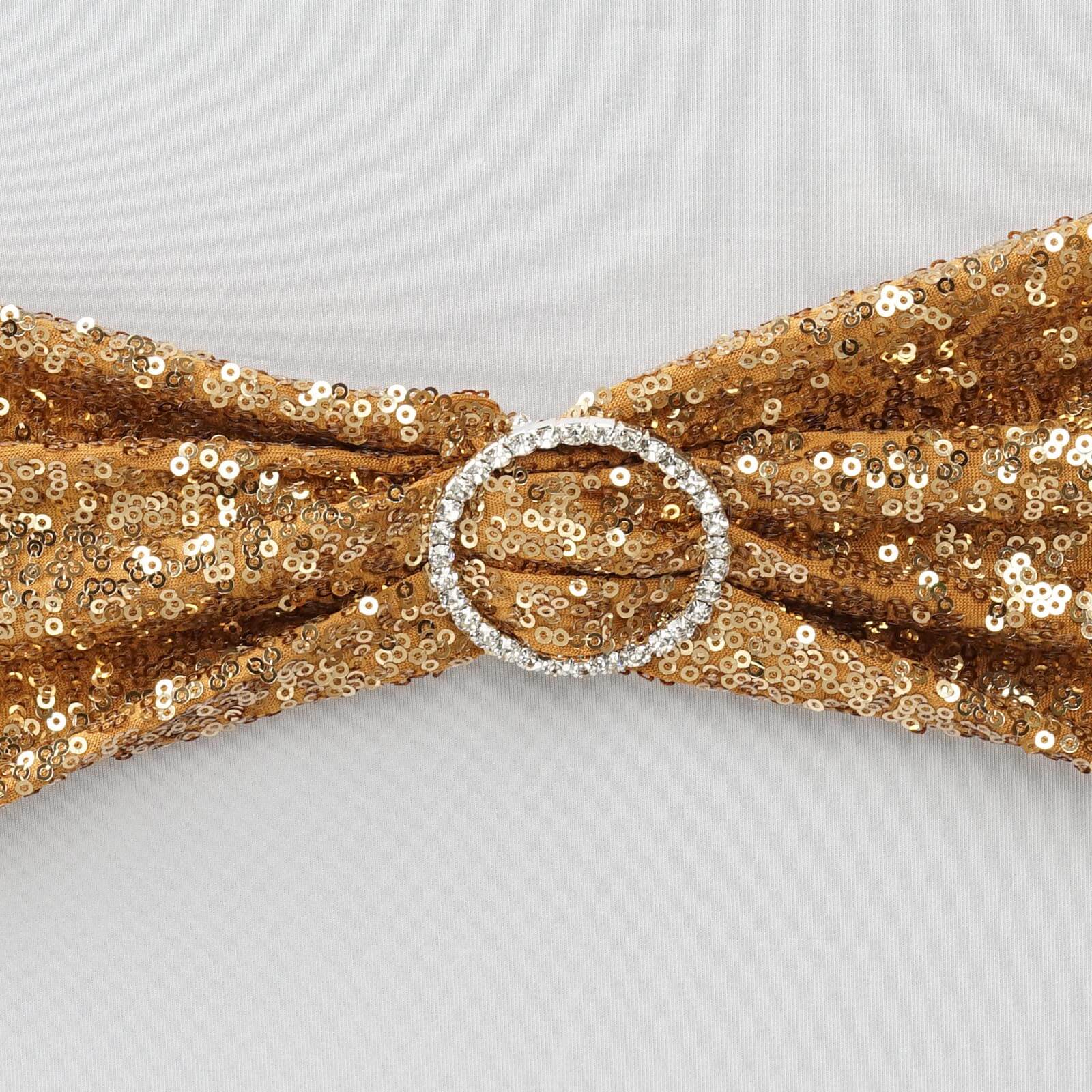 5 Pack Sequin Spandex Chair Sashes 6"x15" Gold - Shimmering Stretch Chair Bands for Festive Celebrations - Image 9