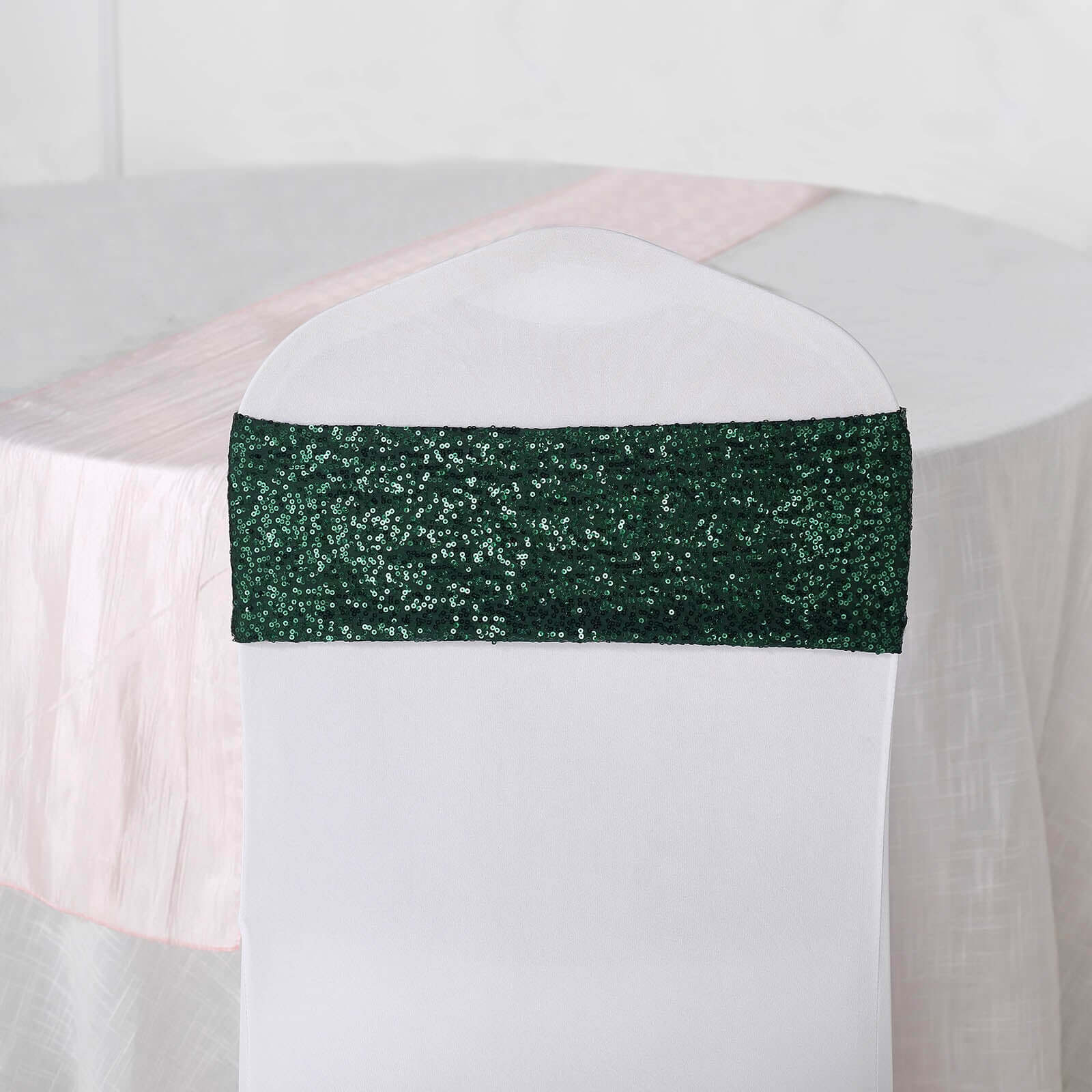 5 Pack Sequin Spandex Chair Sashes 6"x15" Hunter Emerald Green - Stretch Chair Bands - Image 2
