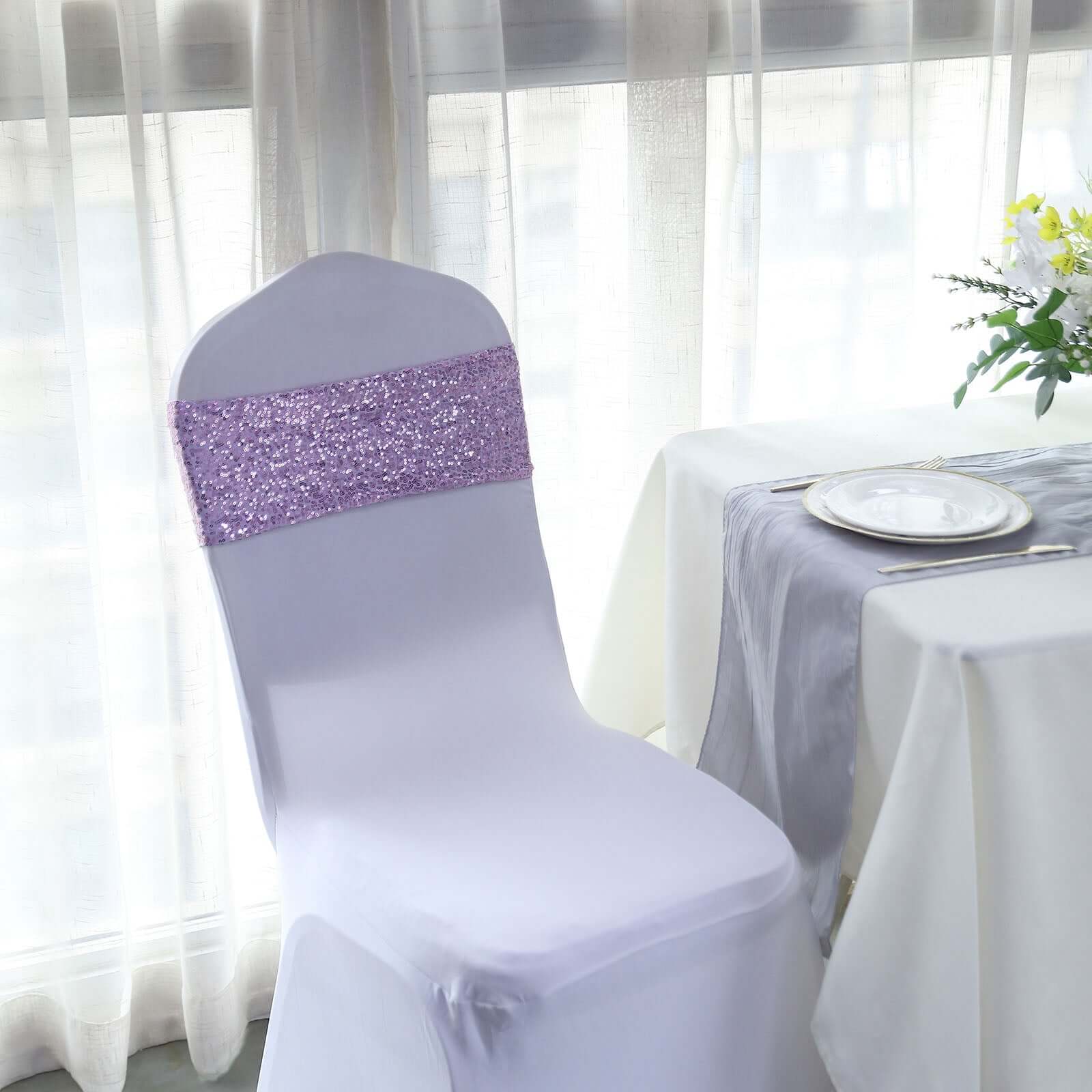 5 Pack Sequin Spandex Chair Sashes 6"x15" Lavender Lilac - Stretch Chair Bands - Image 10