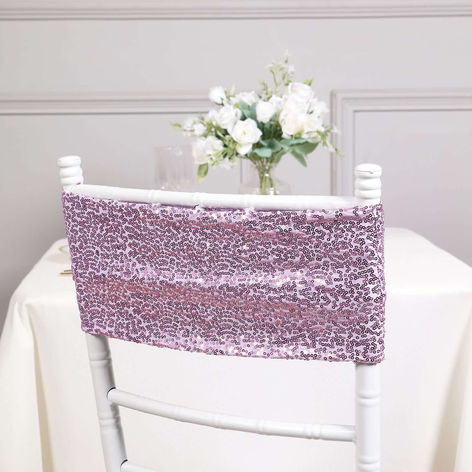 5 Pack Sequin Spandex Chair Sashes 6"x15" Lavender Lilac - Stretch Chair Bands - Image 2
