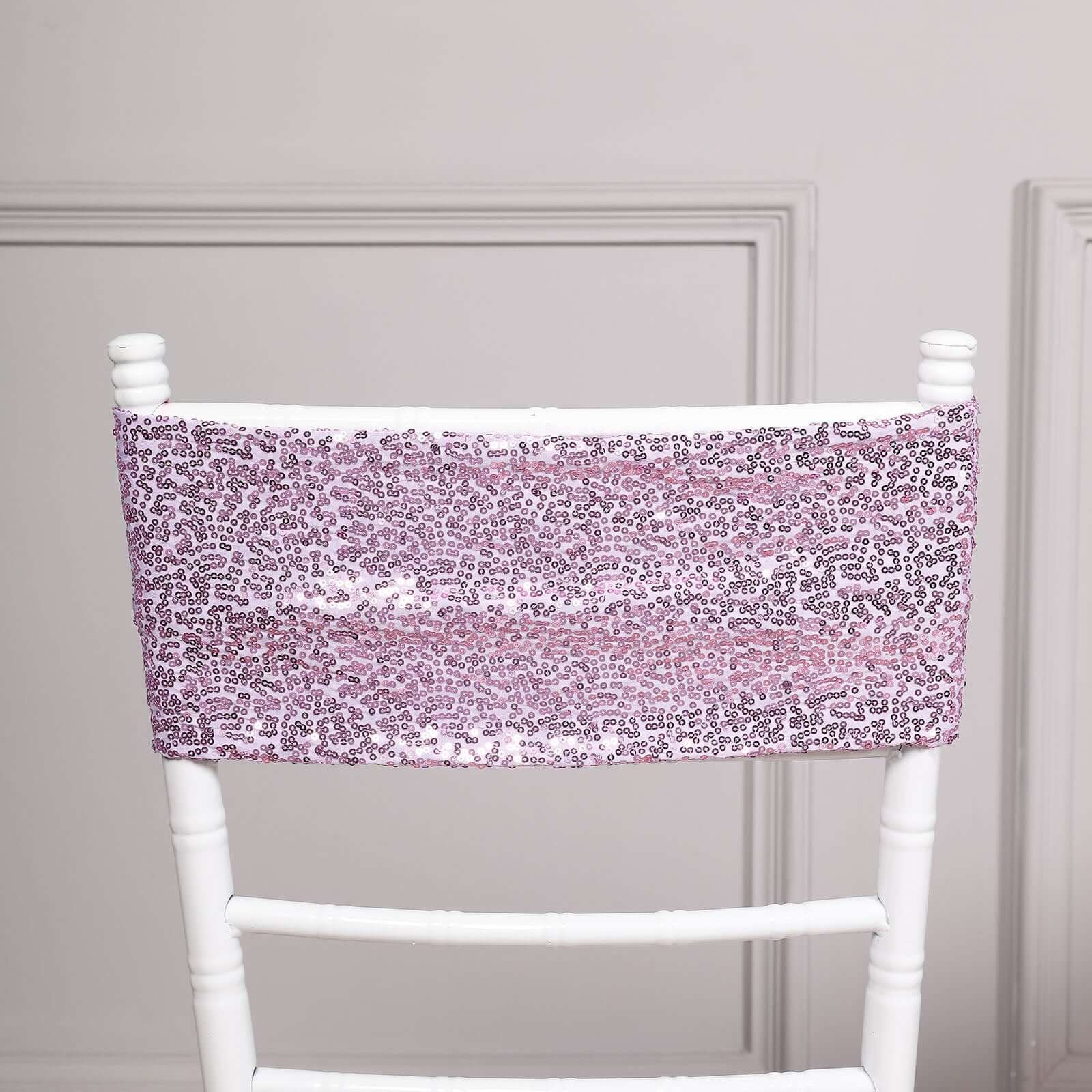 5 Pack Sequin Spandex Chair Sashes 6"x15" Lavender Lilac - Stretch Chair Bands - Image 5