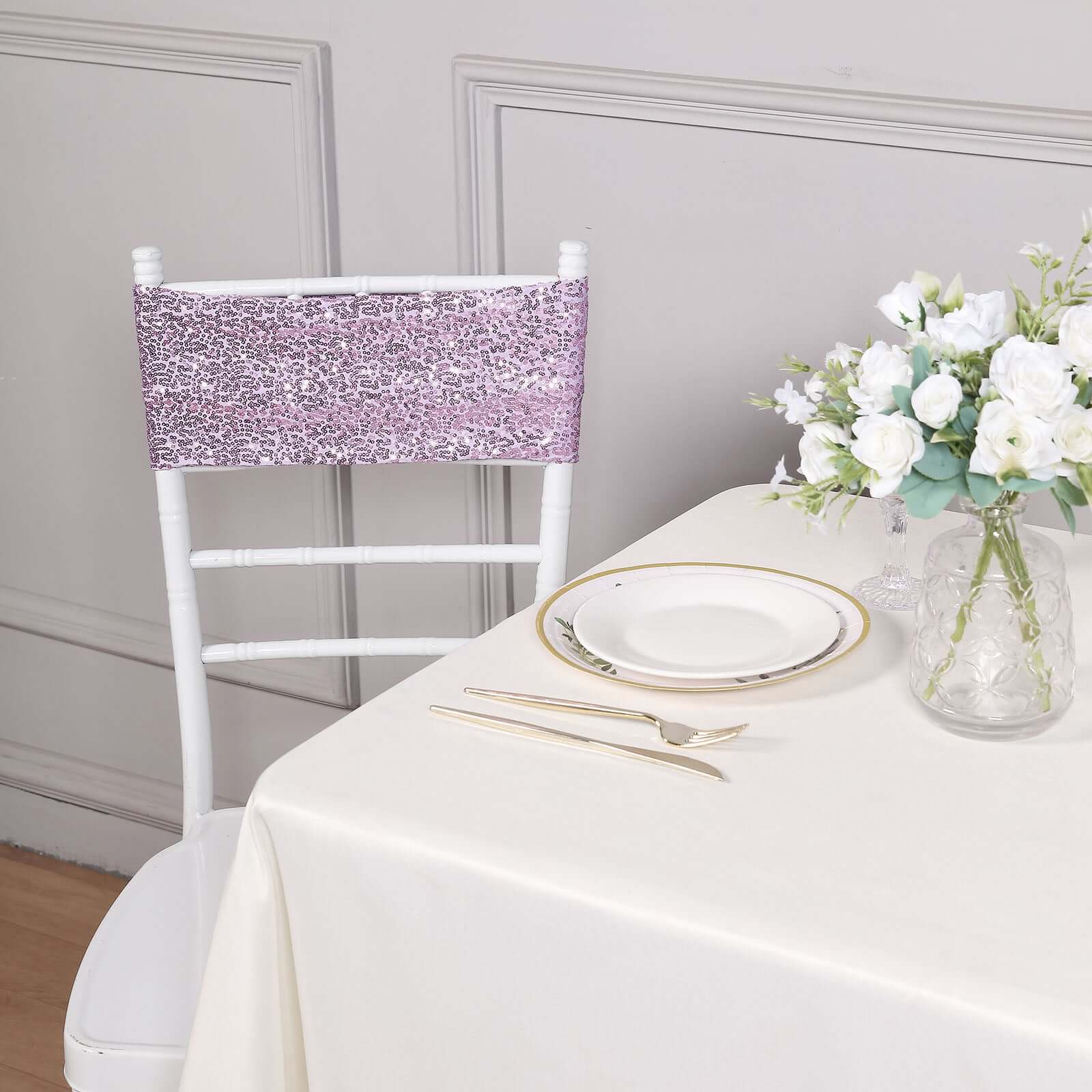 5 Pack Sequin Spandex Chair Sashes 6"x15" Lavender Lilac - Stretch Chair Bands - Image 8