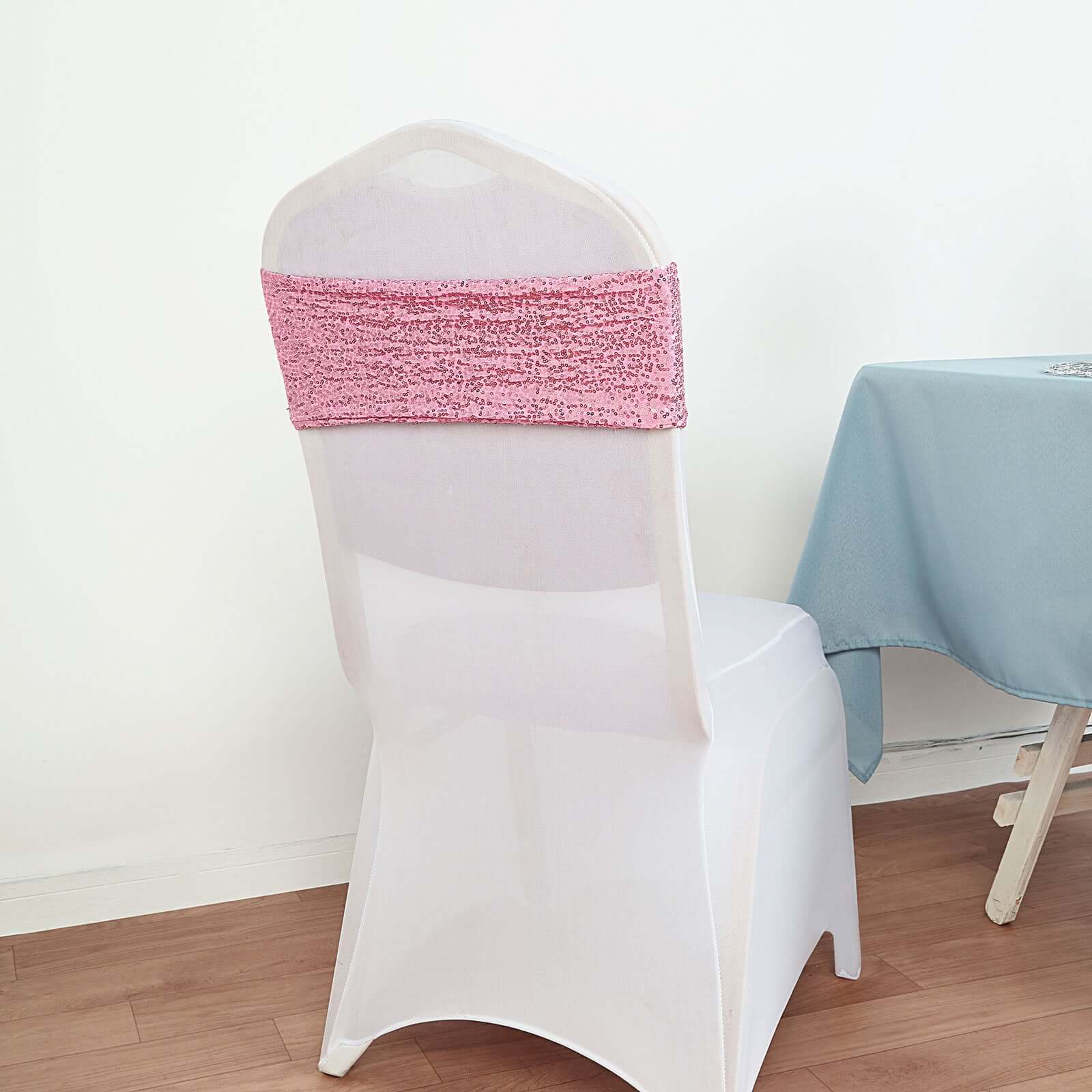 5 Pack Sequin Spandex Chair Sashes 6"x15" Pink - Stretch Chair Bands - Image 11