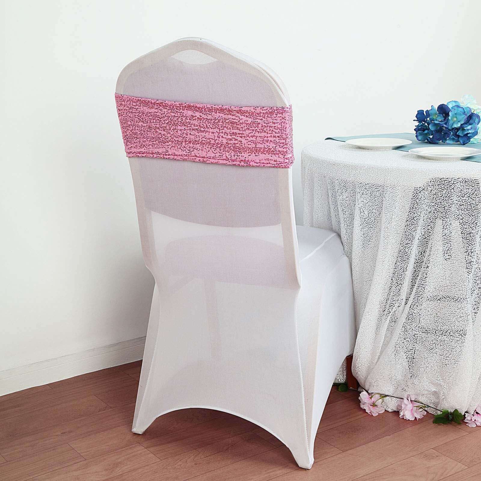 5 Pack Sequin Spandex Chair Sashes 6"x15" Pink - Stretch Chair Bands - Image 12