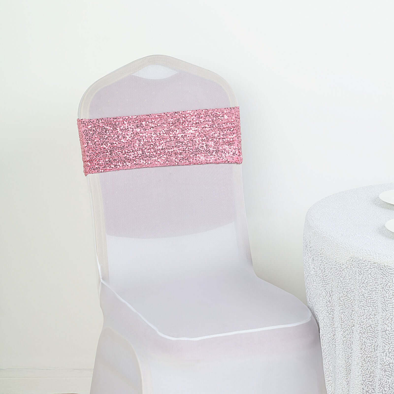 5 Pack Sequin Spandex Chair Sashes 6"x15" Pink - Stretch Chair Bands - Image 2