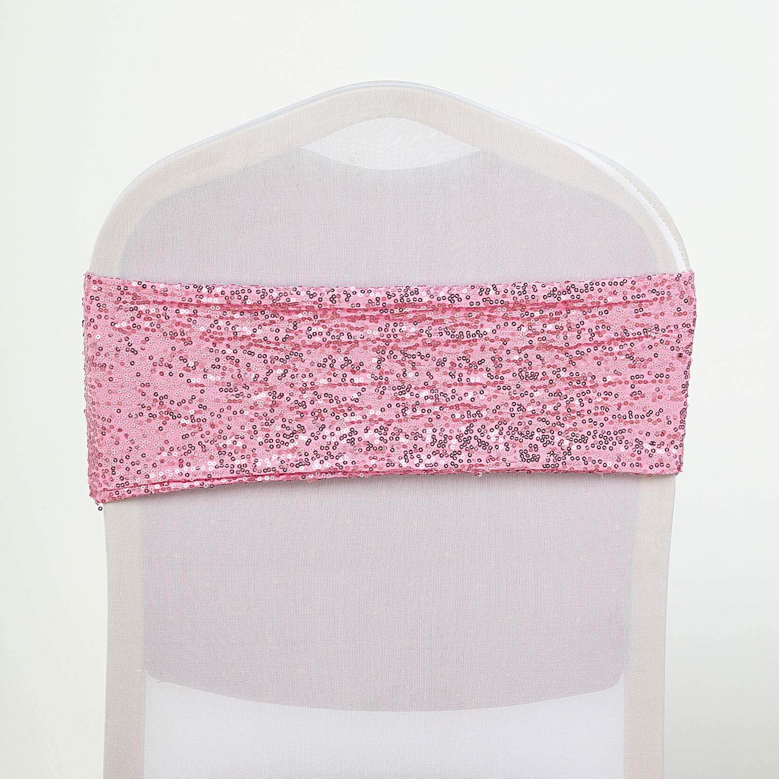 5 Pack Sequin Spandex Chair Sashes 6"x15" Pink - Stretch Chair Bands - Image 8