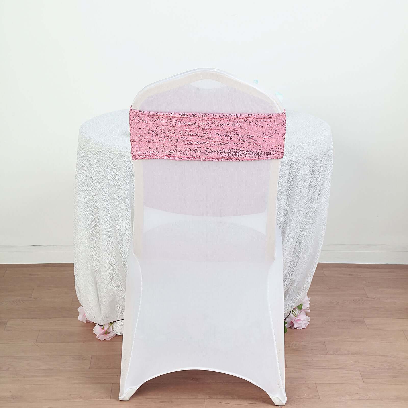 5 Pack Sequin Spandex Chair Sashes 6"x15" Pink - Stretch Chair Bands - Image 9