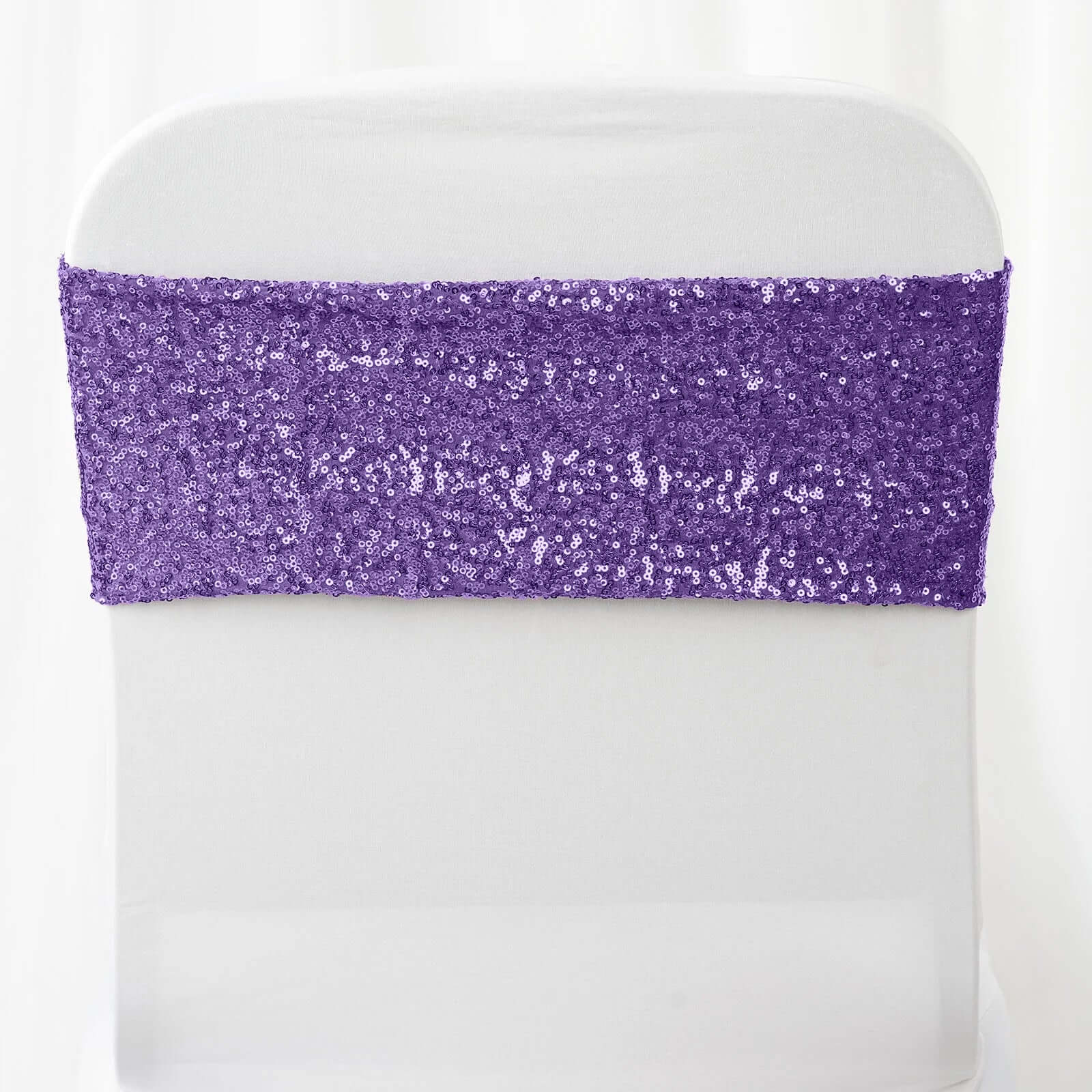 5 Pack Sequin Spandex Chair Sashes 6"x15" Purple - Stretch Chair Bands - Image 2