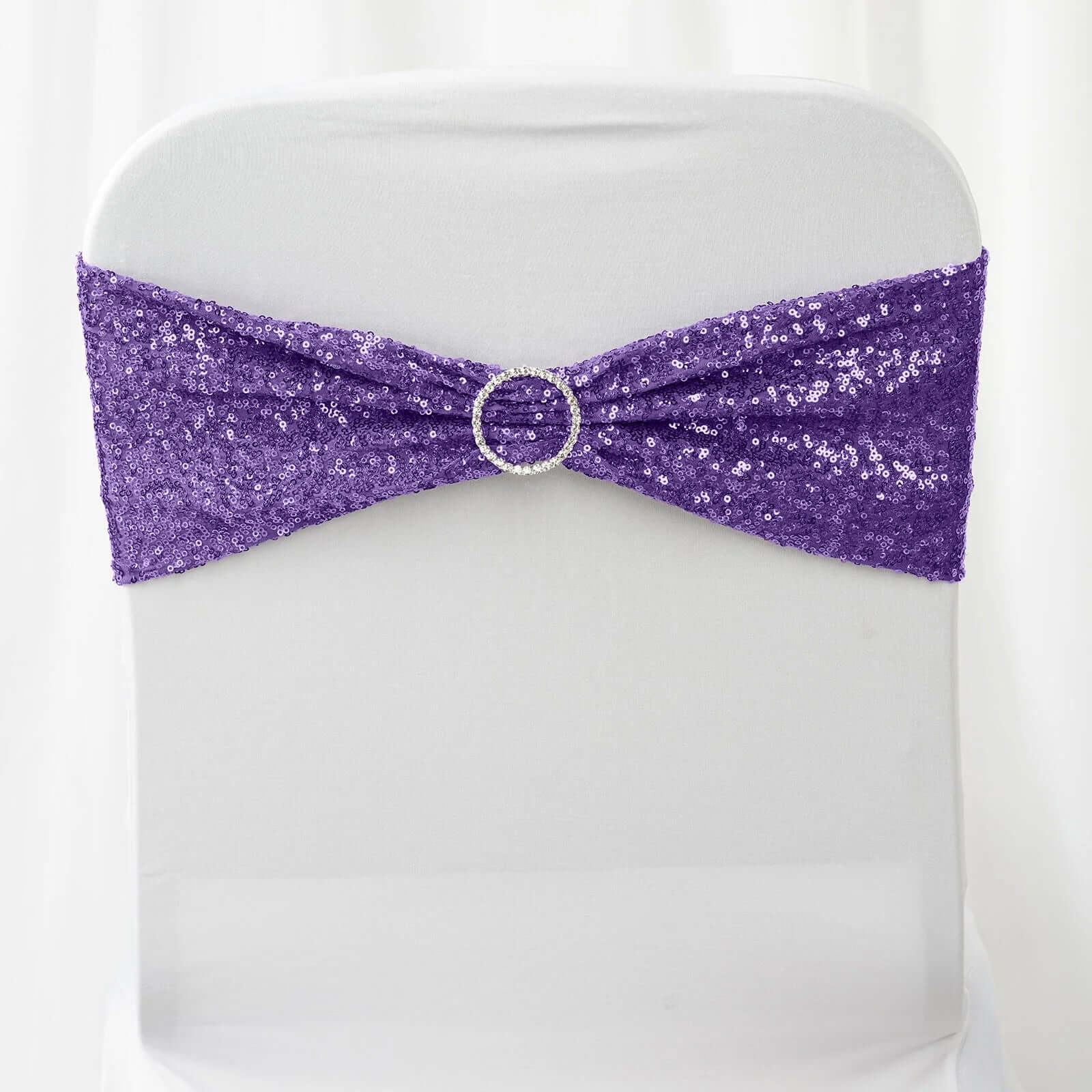 5 Pack Sequin Spandex Chair Sashes 6"x15" Purple - Stretch Chair Bands - Image 6