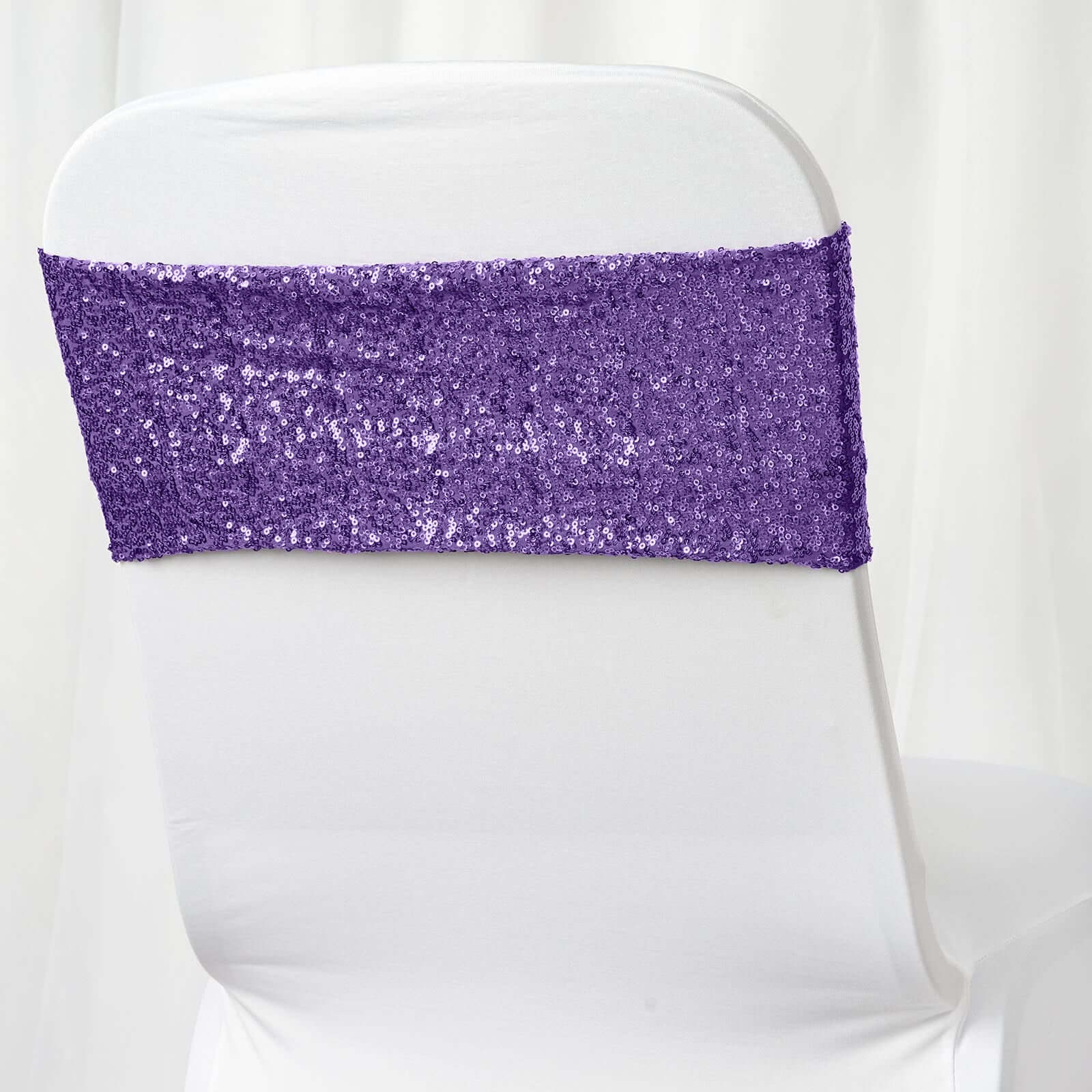 5 Pack Sequin Spandex Chair Sashes 6"x15" Purple - Stretch Chair Bands - Image 9