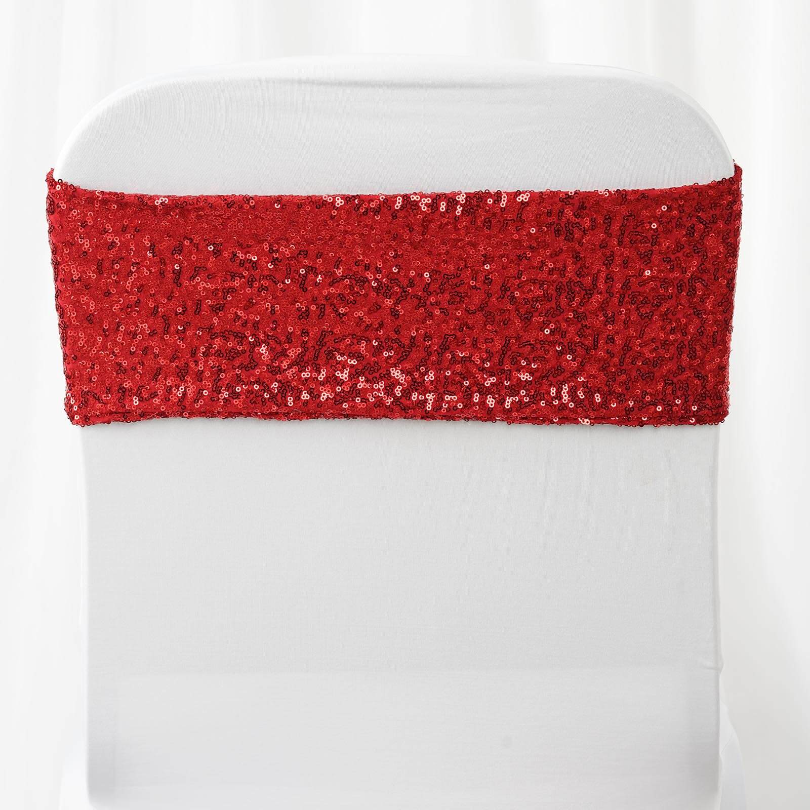 5 Pack Sequin Spandex Chair Sashes 6"x15" Red - Stretch Chair Bands - Image 2