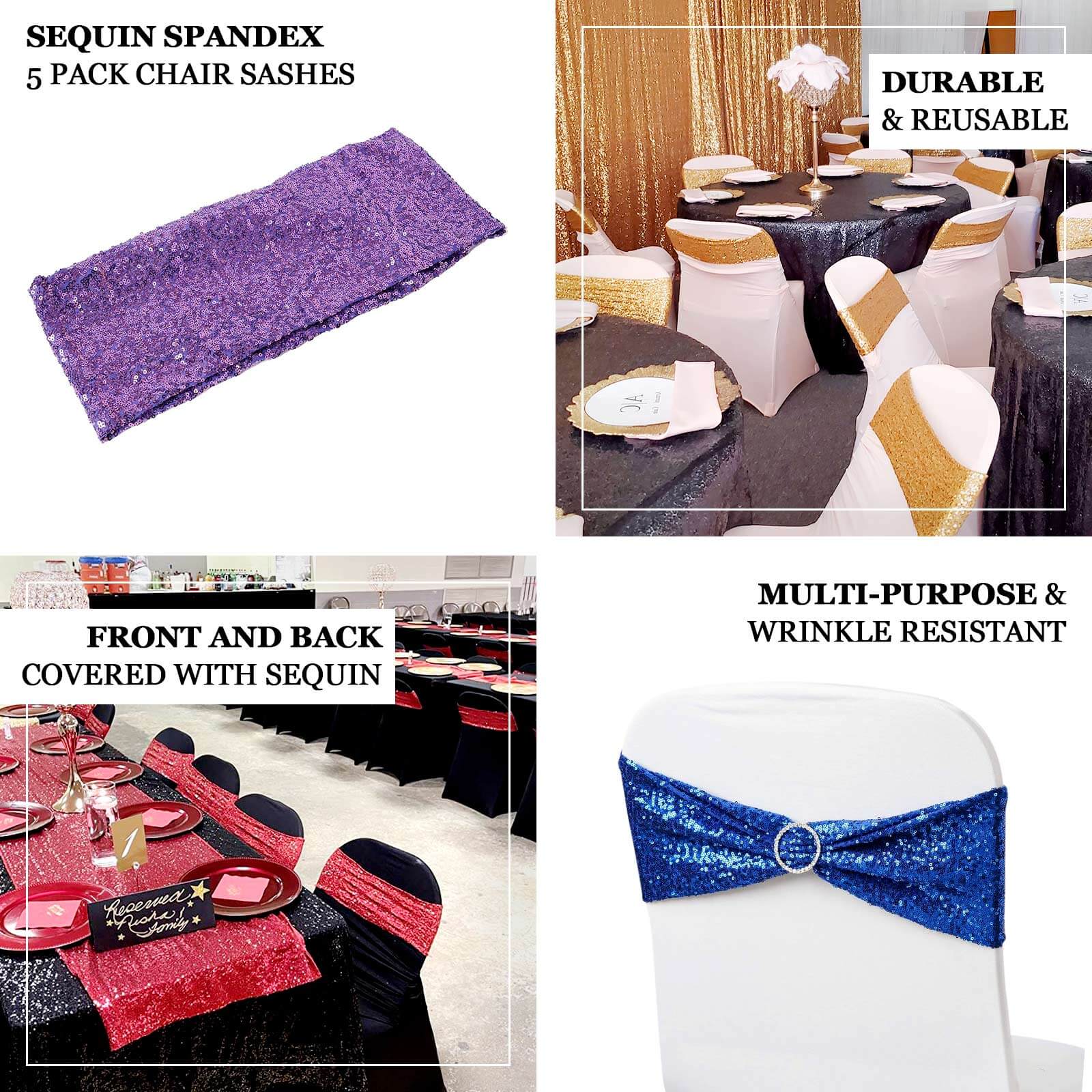 5 Pack Sequin Spandex Chair Sashes 6"x15" Red - Stretch Chair Bands - Image 4