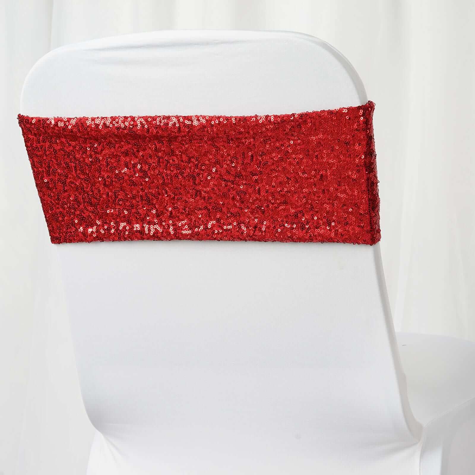 5 Pack Sequin Spandex Chair Sashes 6"x15" Red - Stretch Chair Bands - Image 8