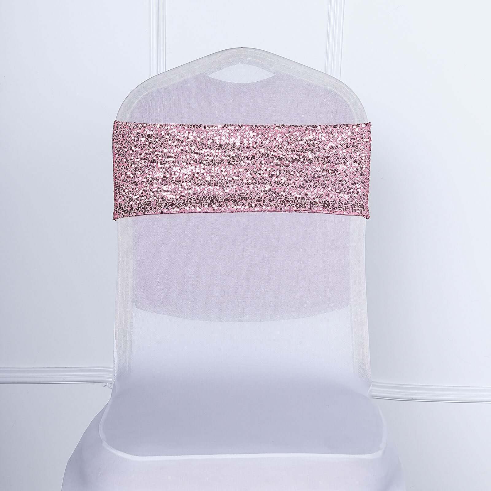 5 Pack Sequin Spandex Chair Sashes 6"x15" Rose Gold - Stretch Chair Bands - Image 11