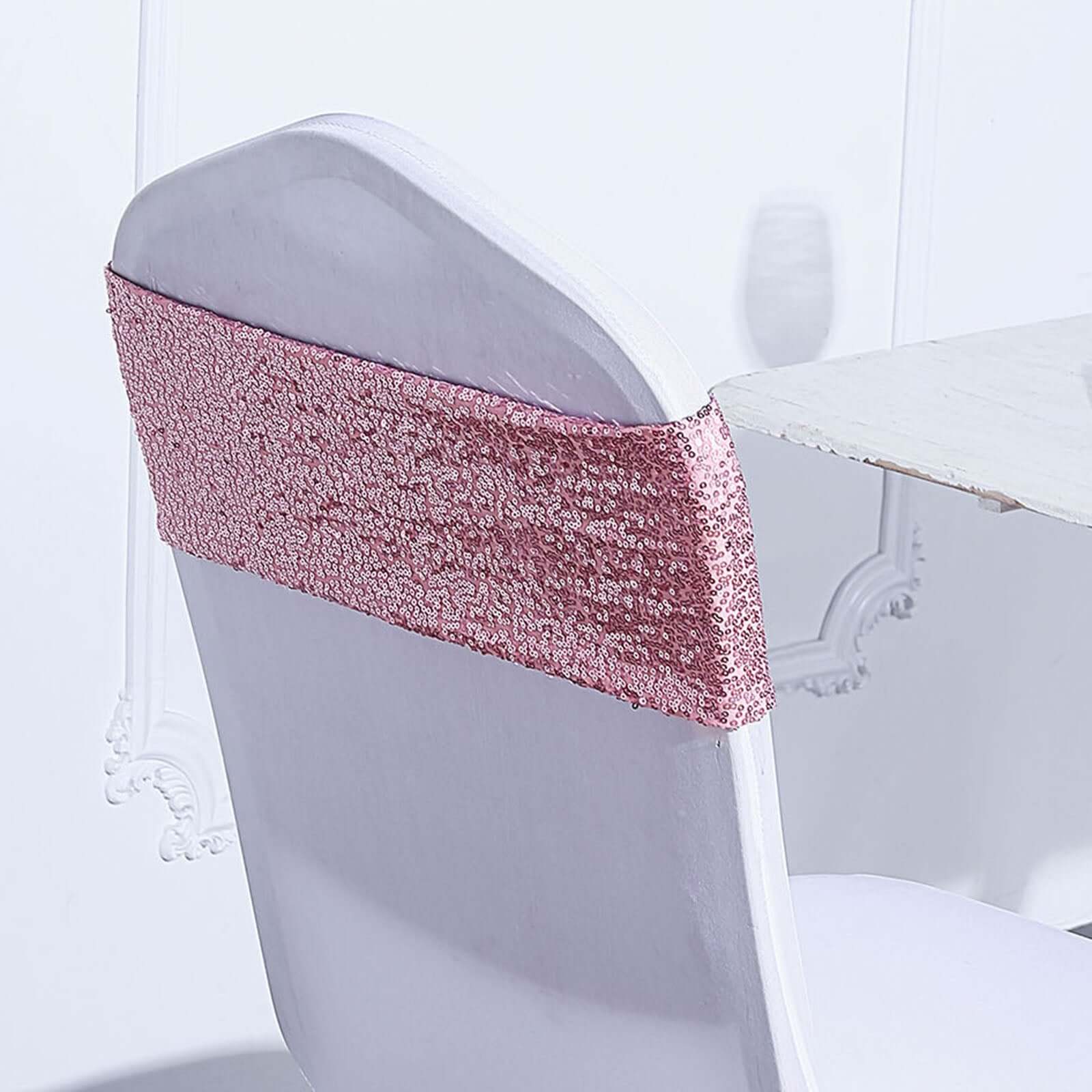 5 Pack Sequin Spandex Chair Sashes 6"x15" Rose Gold - Stretch Chair Bands - Image 14