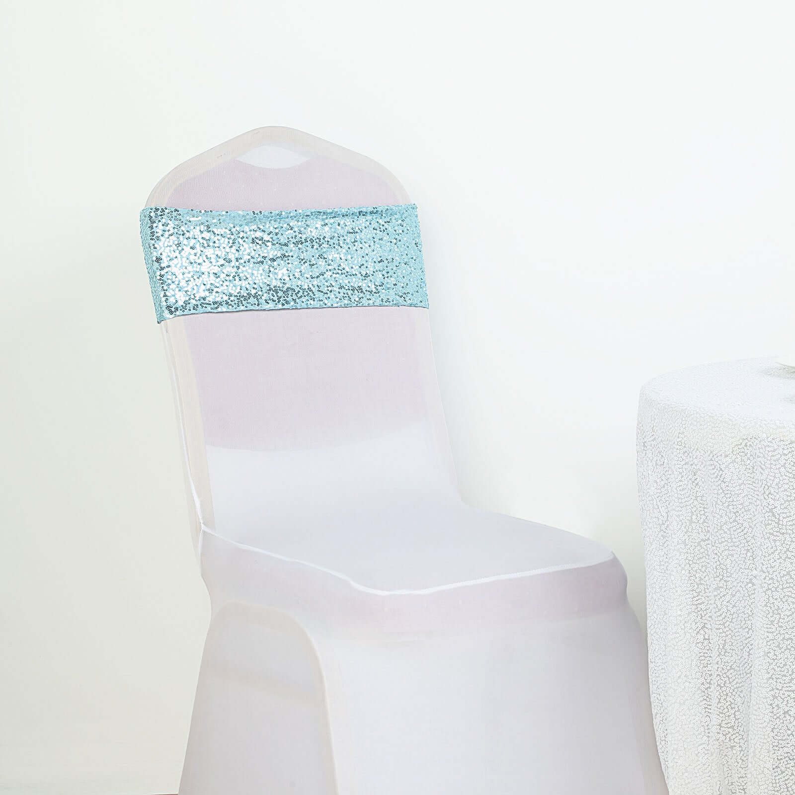 5 Pack Sequin Spandex Chair Sashes 6"x15" Light Blue - Stretch Chair Bands - Image 11