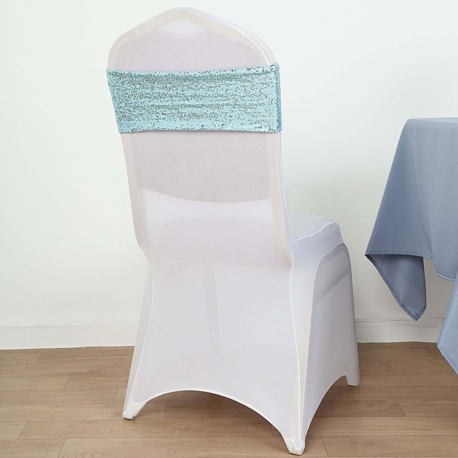 5 Pack Sequin Spandex Chair Sashes 6"x15" Light Blue - Stretch Chair Bands - Image 2