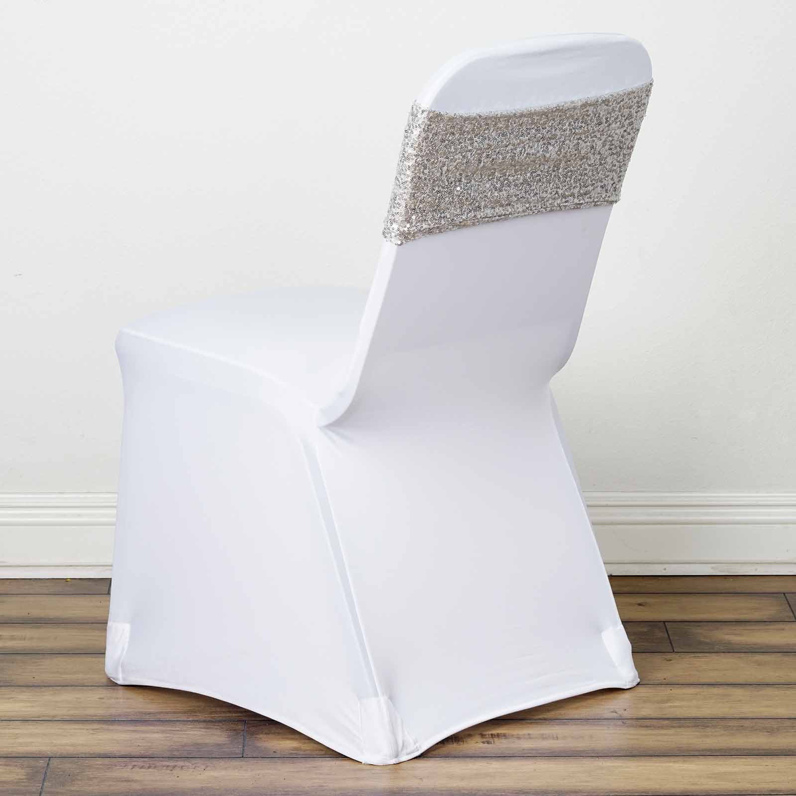 5 Pack Sequin Spandex Chair Sashes 6"x15" Silver - Stretch Chair Bands - Image 10
