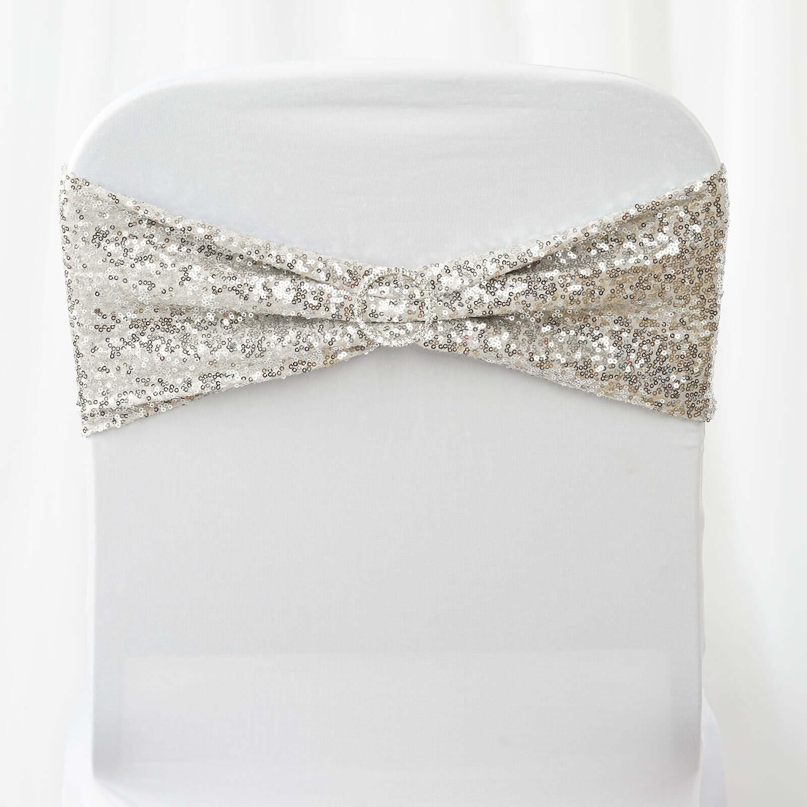 5 Pack Sequin Spandex Chair Sashes 6"x15" Silver - Stretch Chair Bands - Image 6