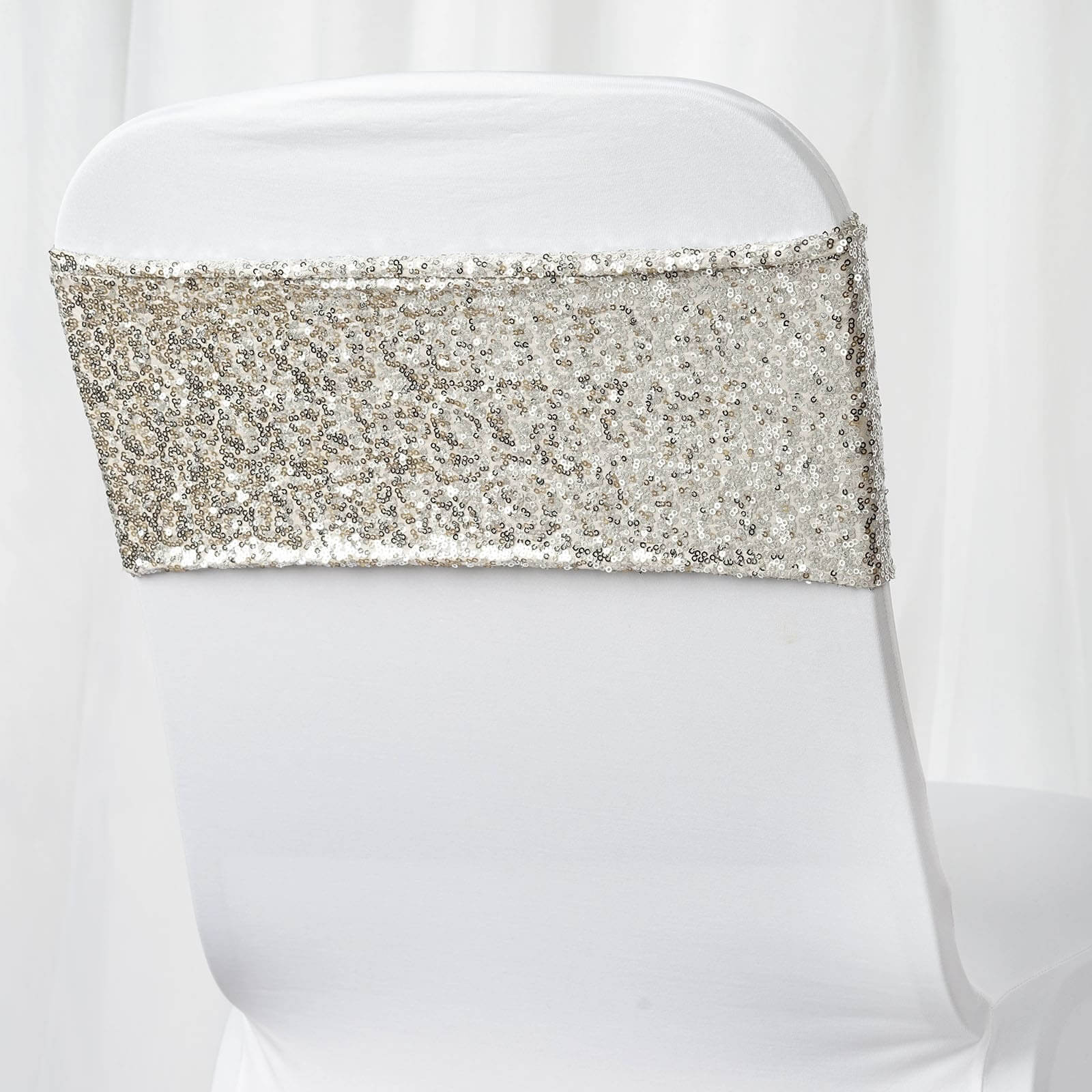5 Pack Sequin Spandex Chair Sashes 6"x15" Silver - Stretch Chair Bands - Image 8