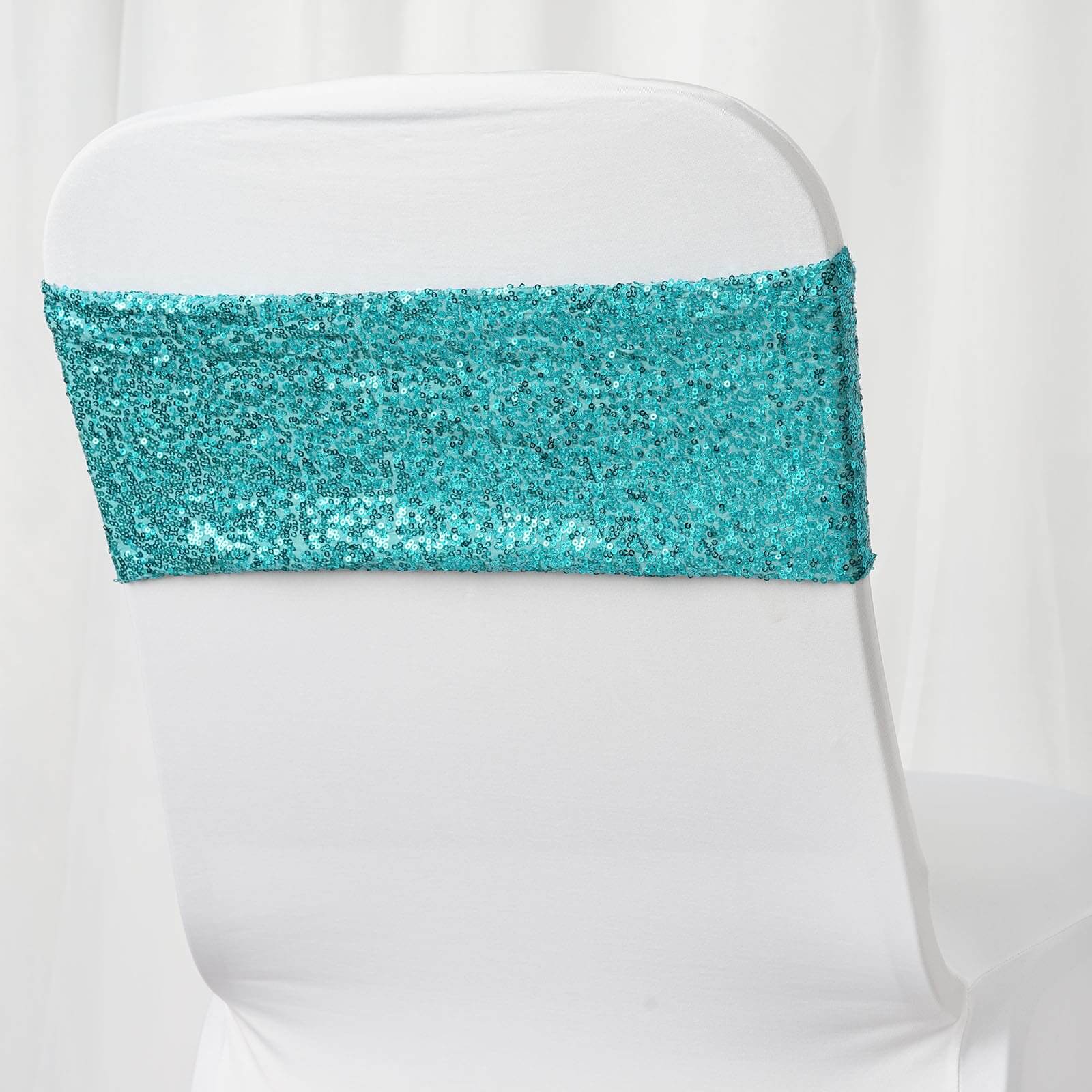 5 Pack Sequin Spandex Chair Sashes 6"x15" Turquoise - Stretch Chair Bands - Image 10