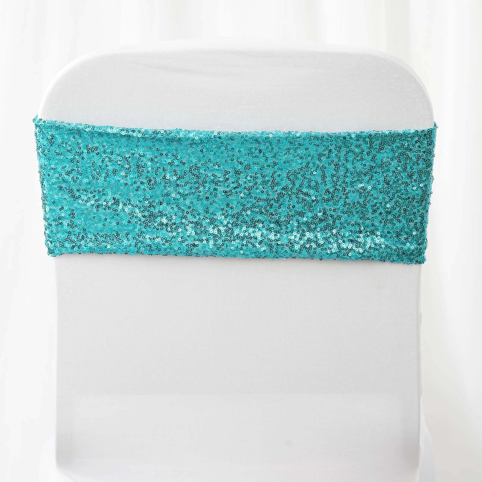 5 Pack Sequin Spandex Chair Sashes 6"x15" Turquoise - Stretch Chair Bands - Image 2