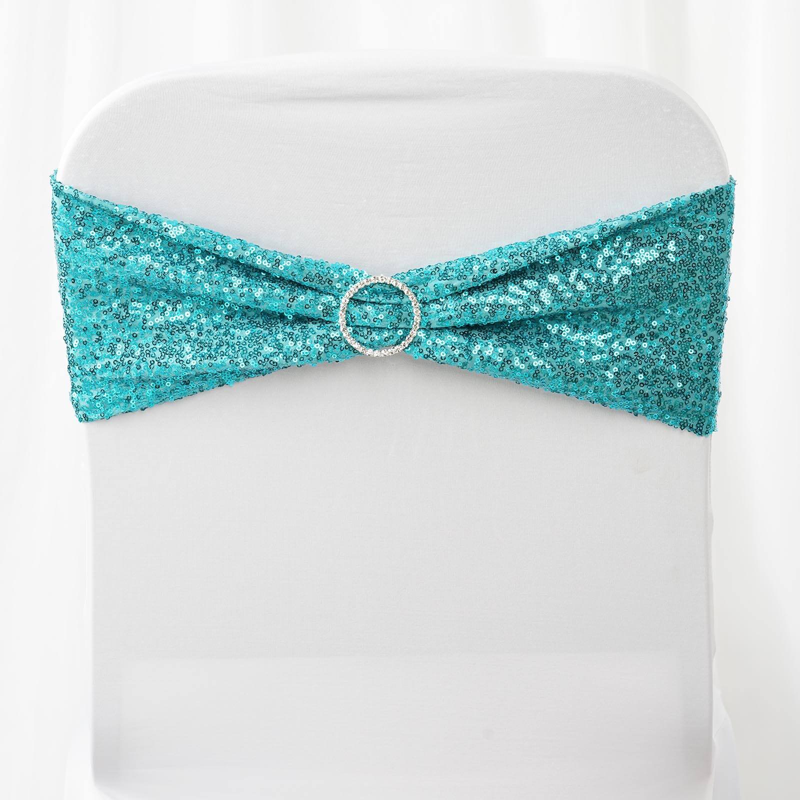 5 Pack Sequin Spandex Chair Sashes 6"x15" Turquoise - Stretch Chair Bands - Image 9