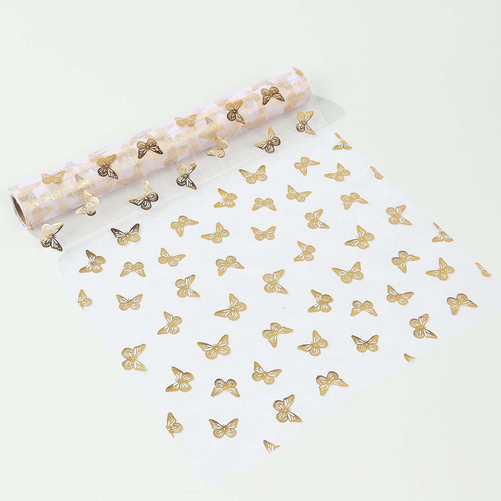 5 Pack Sheer Organza Table Runner Rolls 11"x108" White Disposable with Metallic Gold Foil Butterflies Motifs - Image 5