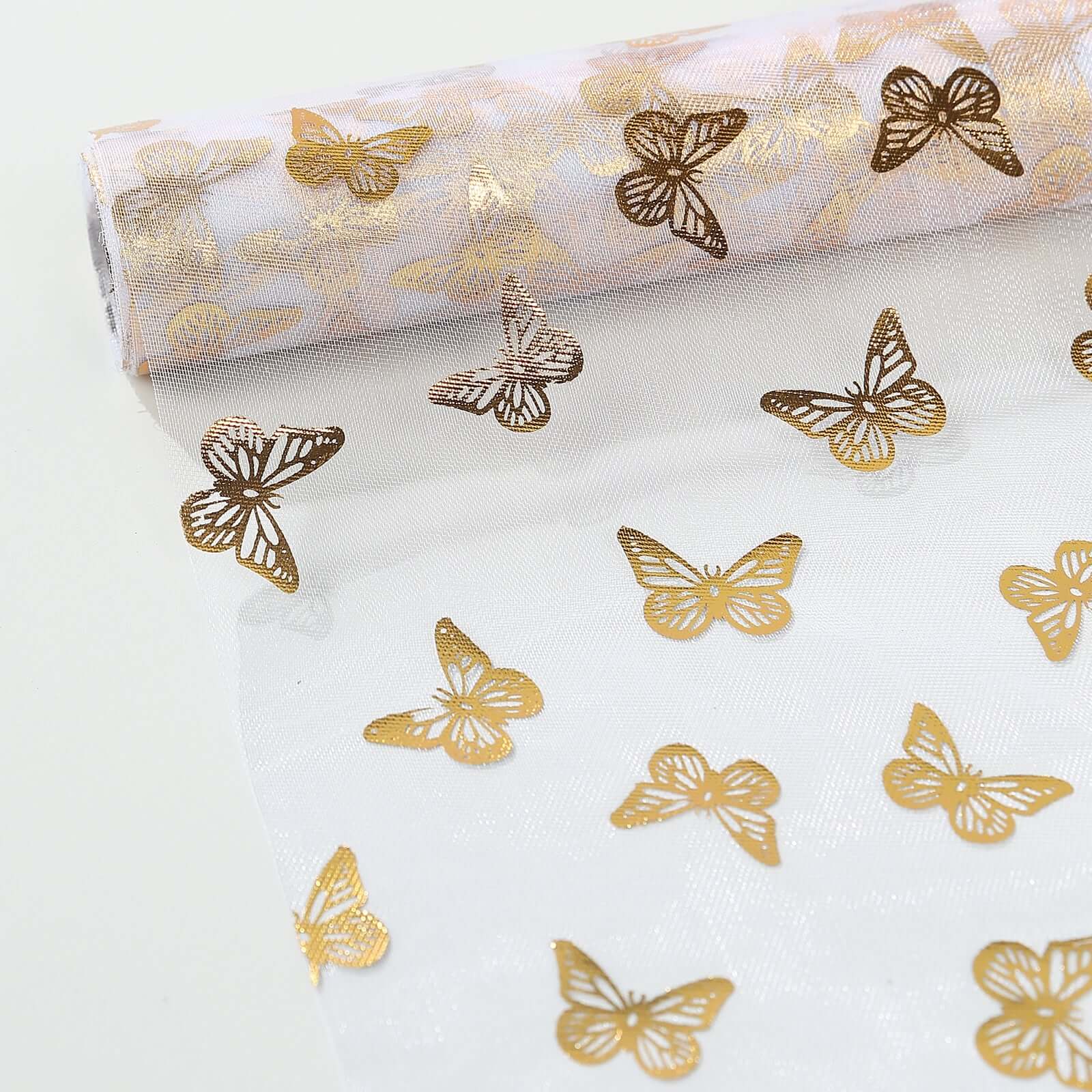 5 Pack Sheer Organza Table Runner Rolls 11"x108" White Disposable with Metallic Gold Foil Butterflies Motifs - Image 8