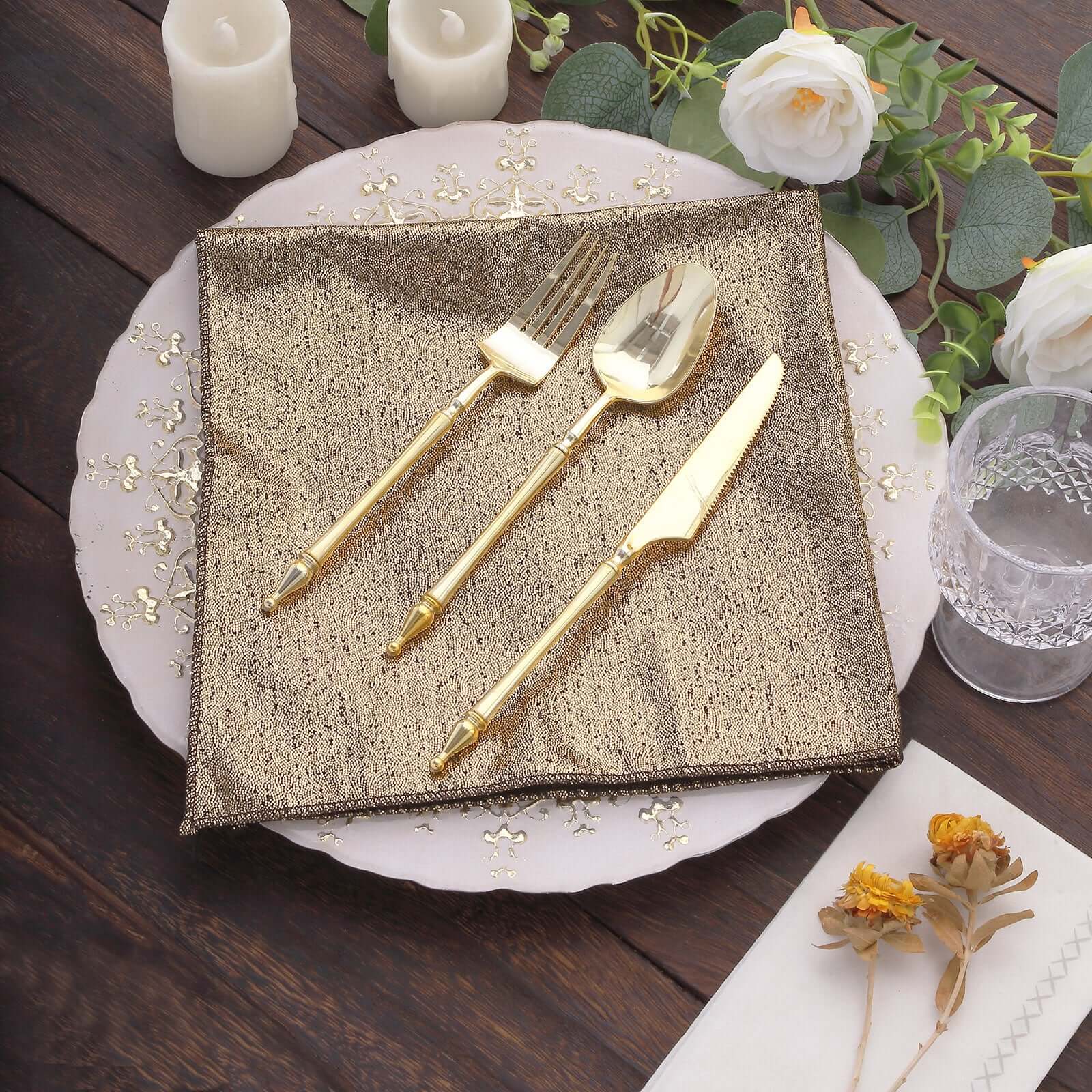 5 Pack Shimmer Sequin Dots Polyester Cloth Dinner Napkins 20"x20" Antique Gold - Smooth Finish & Glittery Sparkle - Image 7
