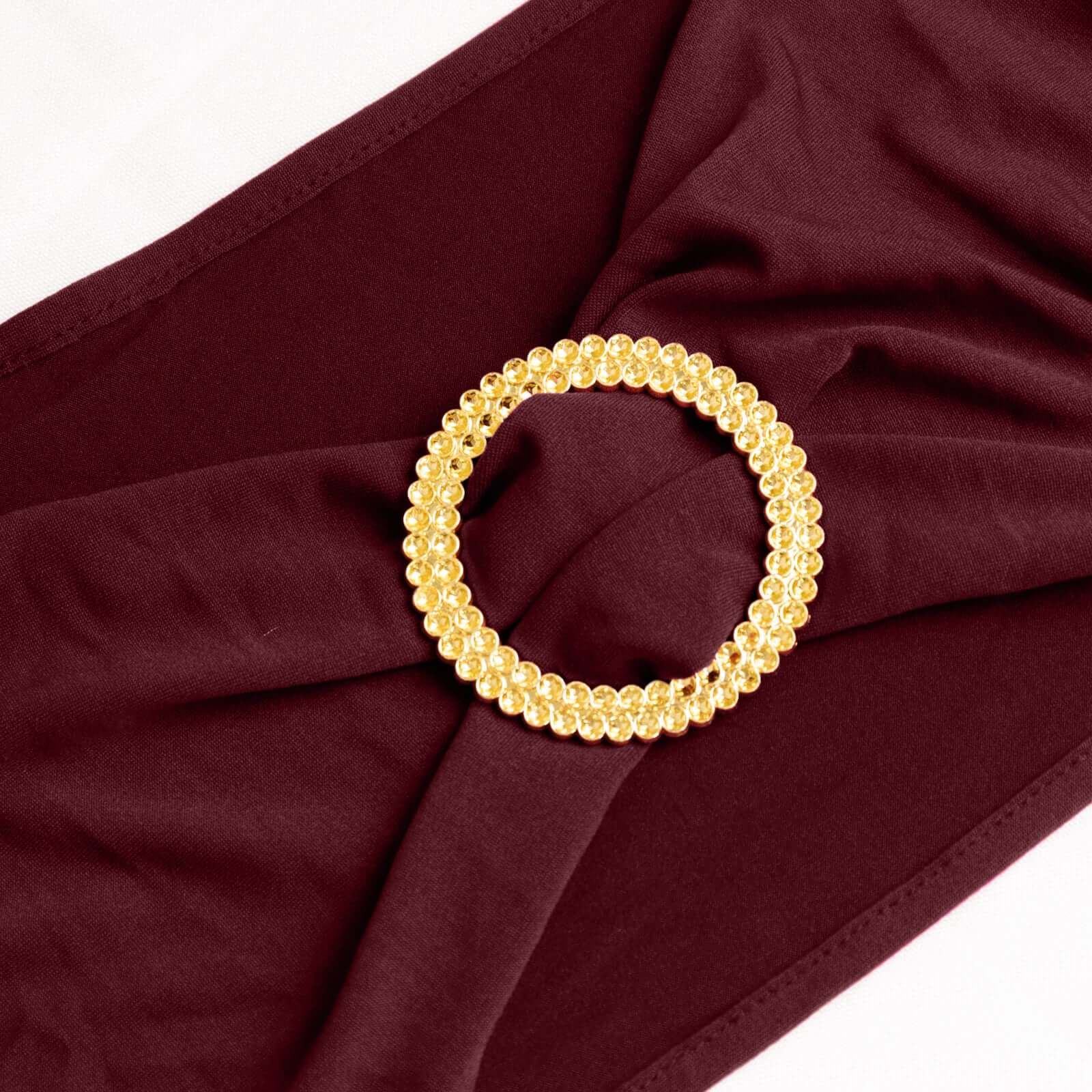 5 Pack Spandex Chair Sashes 5"x14" Burgundy with Gold Rhinestone Buckles - Wrinkle-Free Stretch Chair Bands - Image 2