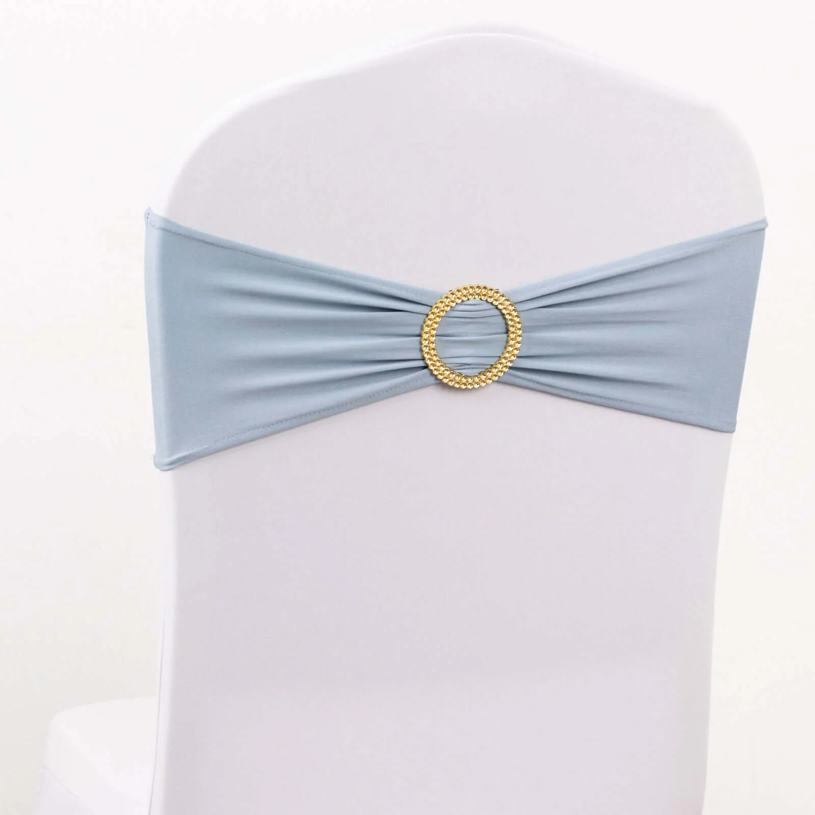 5 Pack Spandex Chair Sashes 5"x14" Dusty Blue with Gold Rhinestone Buckles - Wrinkle-Free Stretch Chair Bands