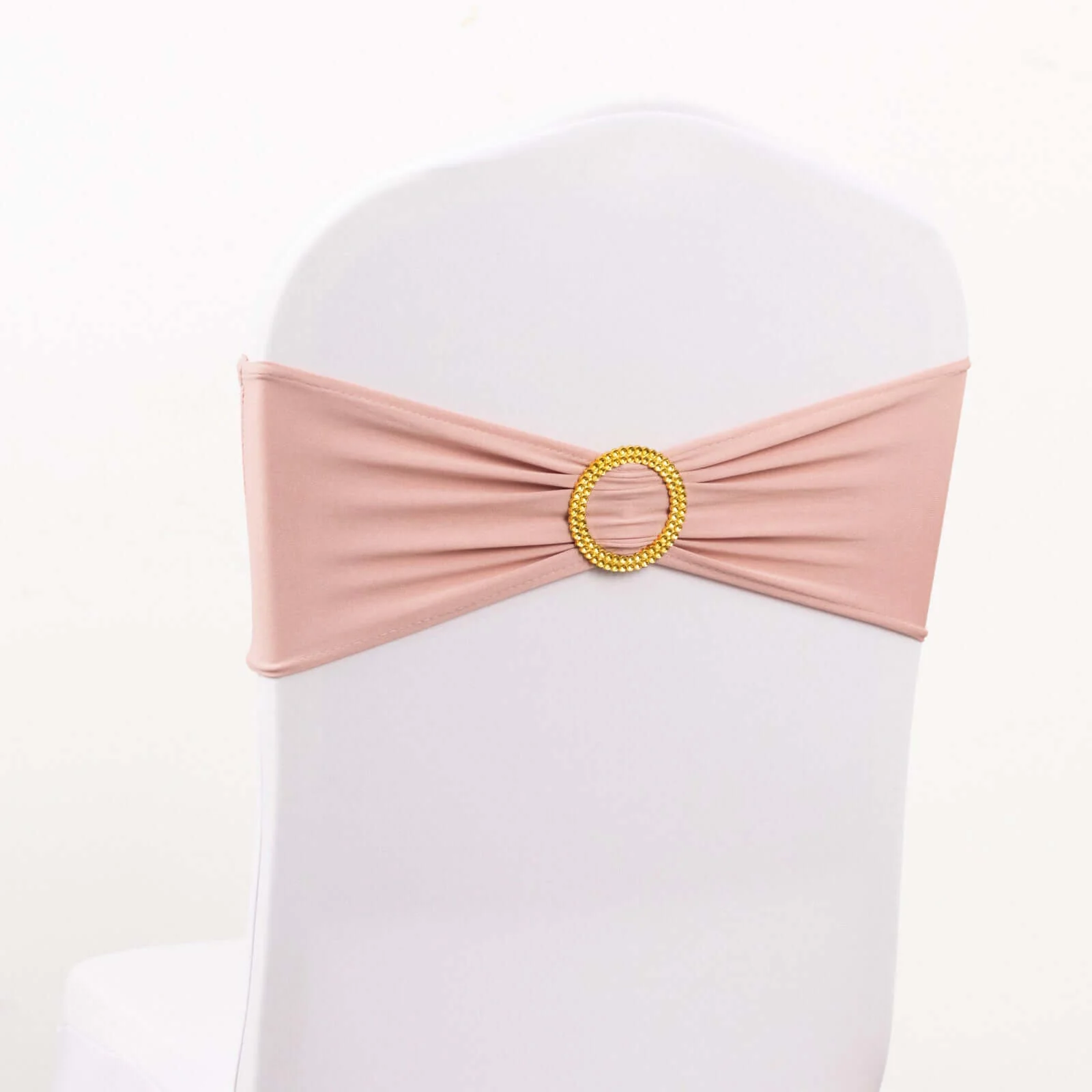 5 Pack Spandex Chair Sashes 5"x14" Dusty Rose with Gold Rhinestone Buckles - Wrinkle-Free Stretch Chair Bands
