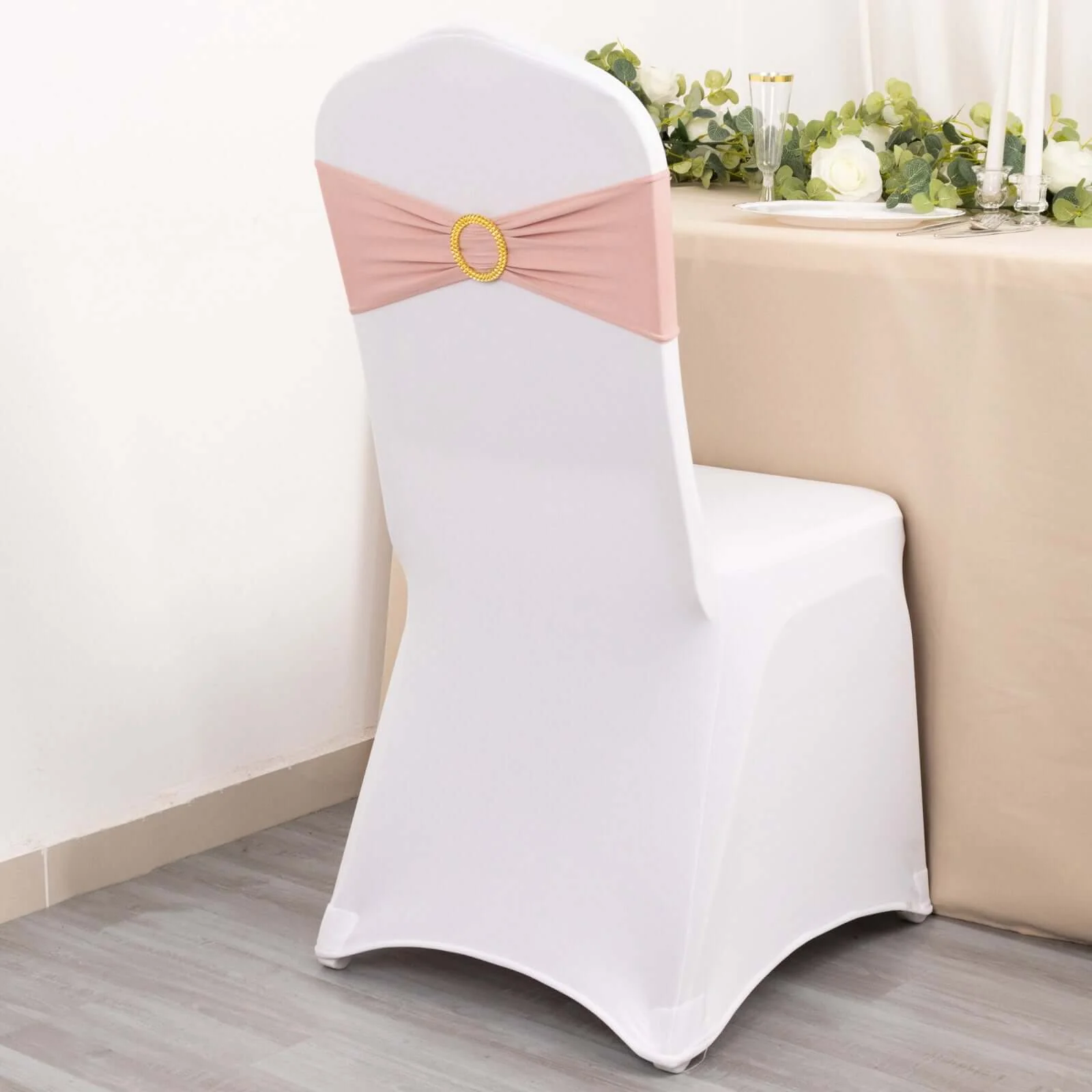5 Pack Spandex Chair Sashes 5"x14" Dusty Rose with Gold Rhinestone Buckles - Wrinkle-Free Stretch Chair Bands - Image 6