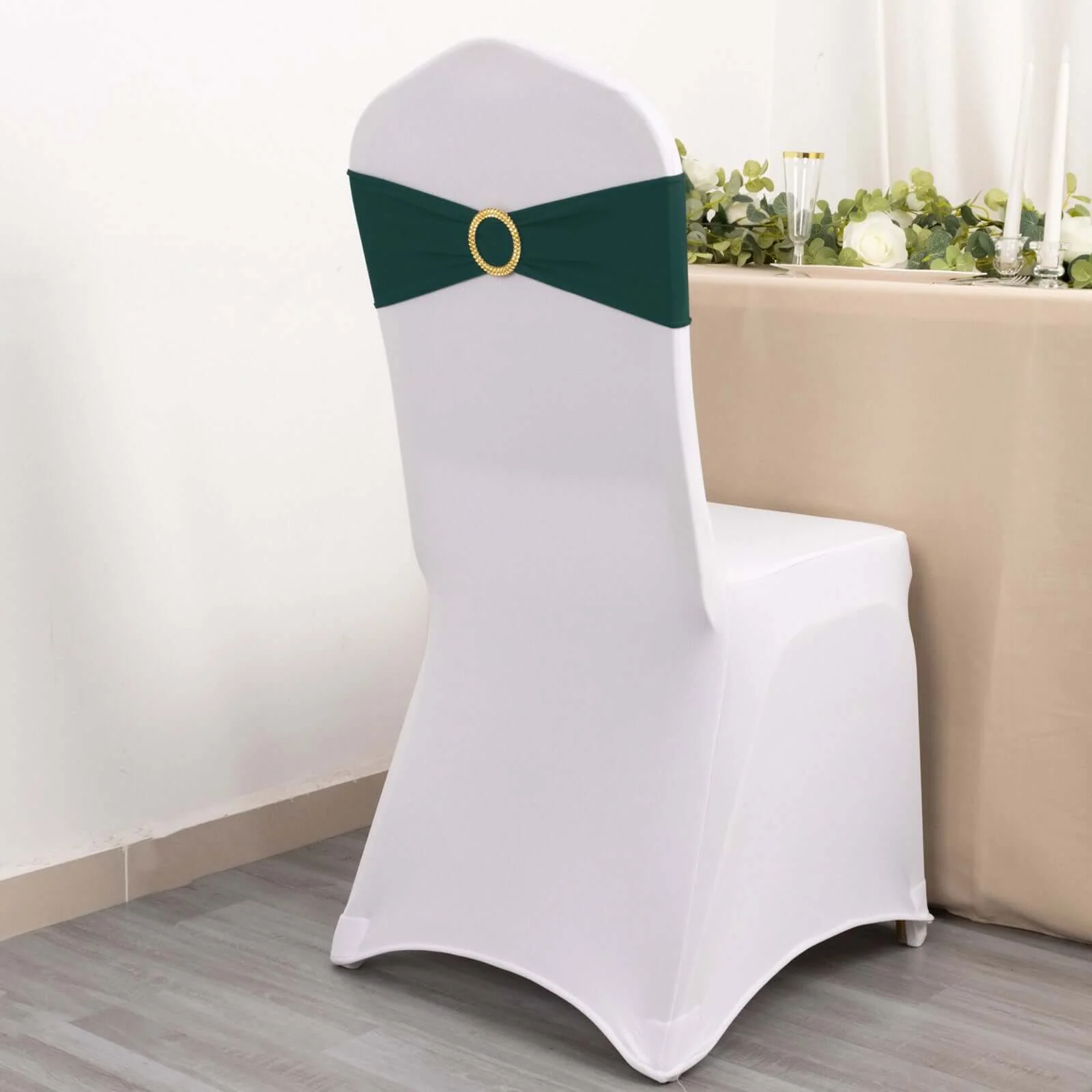 5 Pack Spandex Chair Sashes 5"x14" Hunter Emerald Green with Gold Rhinestone Buckles - Wrinkle-Free Stretch Chair Bands - Image 2