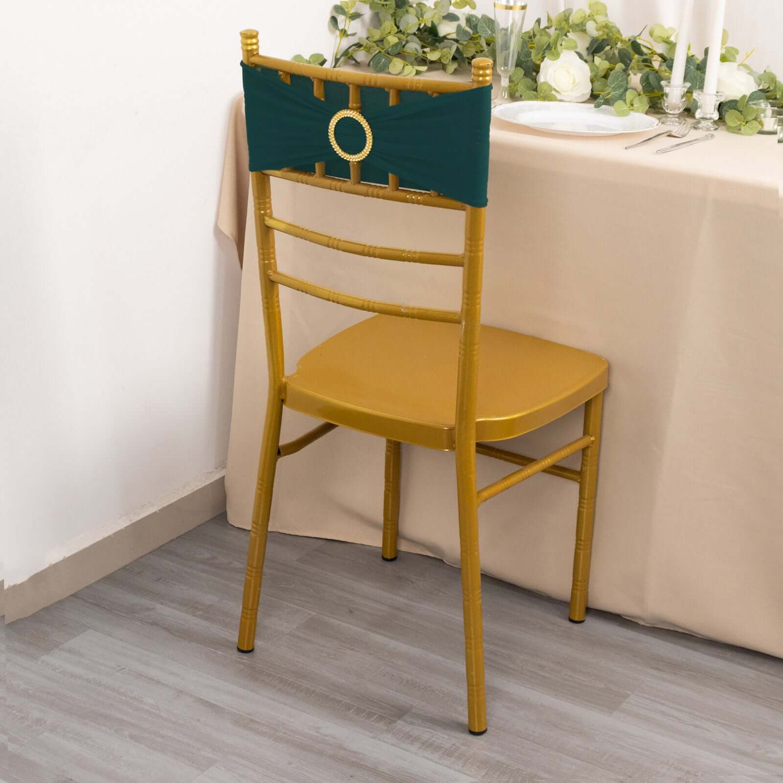 5 Pack Spandex Chair Sashes 5"x14" Hunter Emerald Green with Gold Rhinestone Buckles - Wrinkle-Free Stretch Chair Bands - Image 6