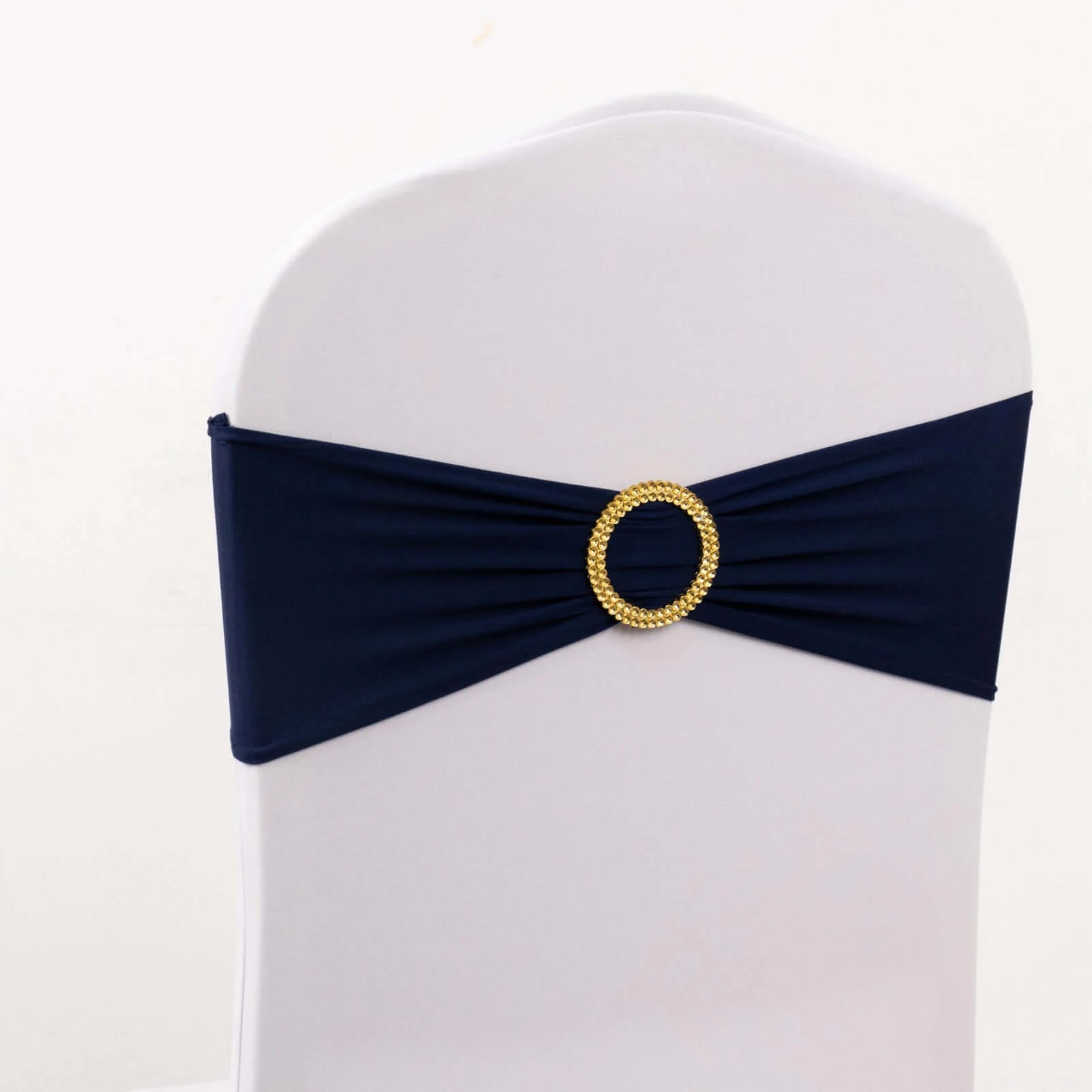 5 Pack Spandex Chair Sashes 5"x14" Navy Blue with Gold Rhinestone Buckles - Wrinkle-Free Stretch Chair Bands