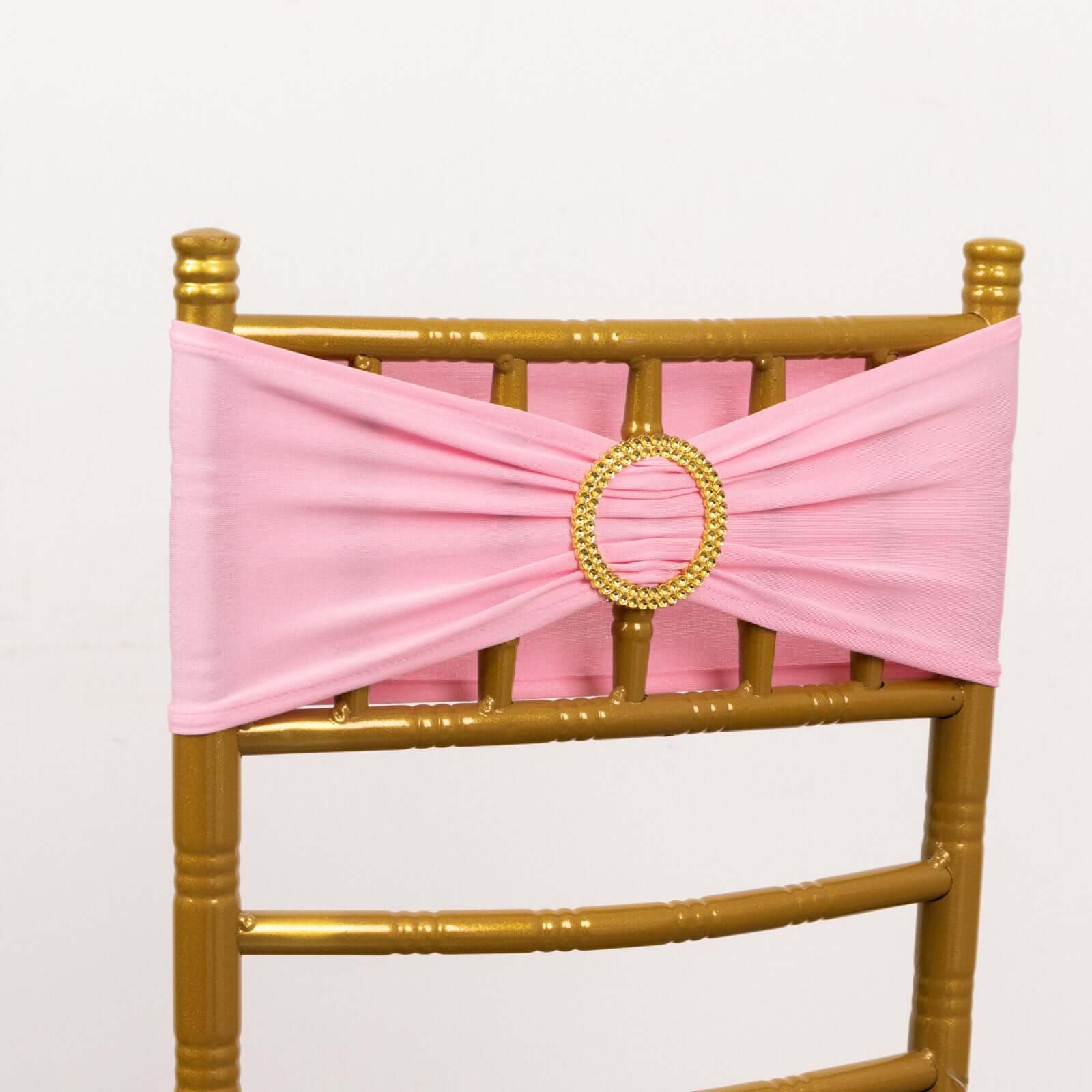 5 Pack Spandex Chair Sashes 5"x14" Pink with Gold Rhinestone Buckles - Wrinkle-Free Stretch Chair Bands - Image 2