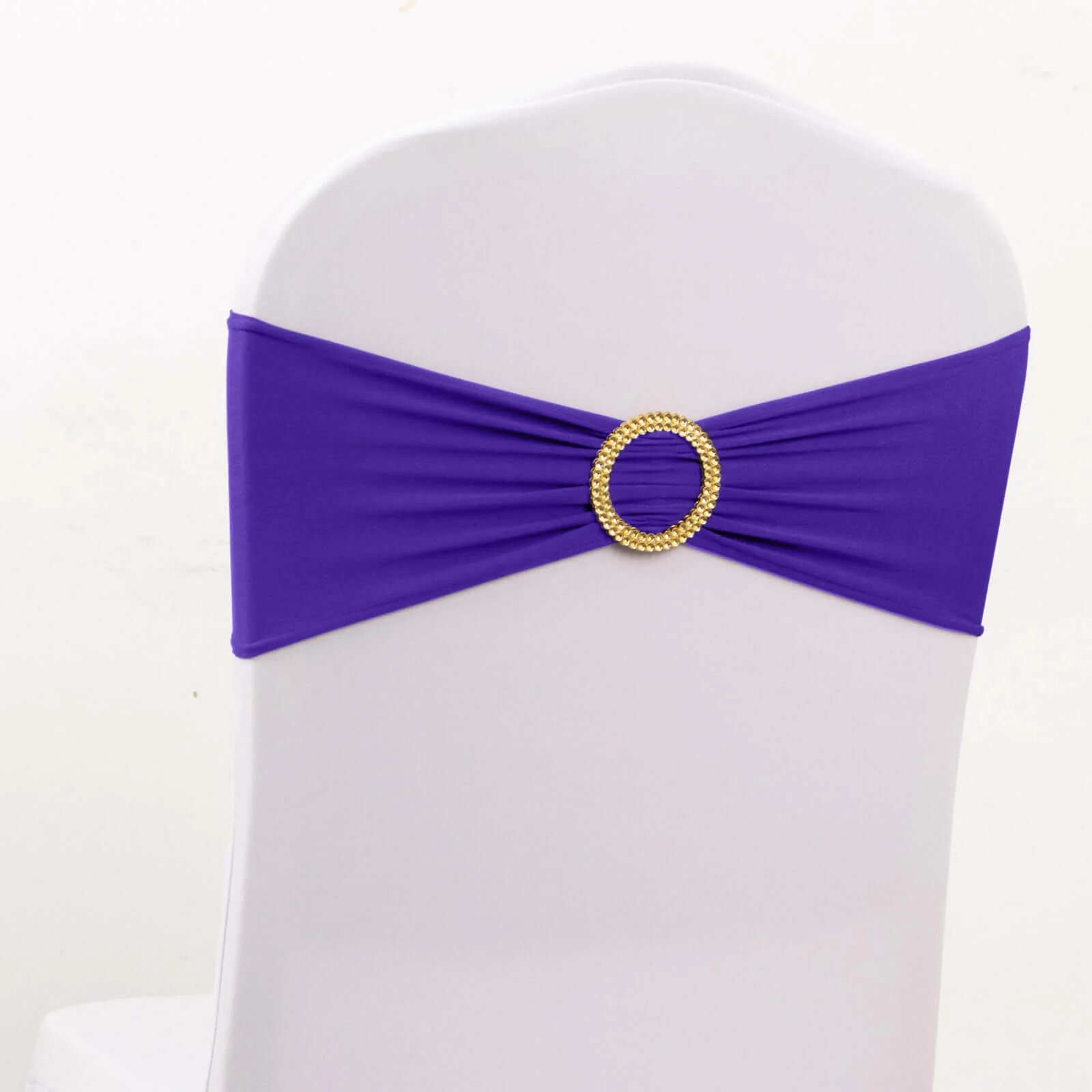 5 Pack Spandex Chair Sashes 5"x14" Purple with Gold Rhinestone Buckles - Wrinkle-Free Stretch Chair Bands