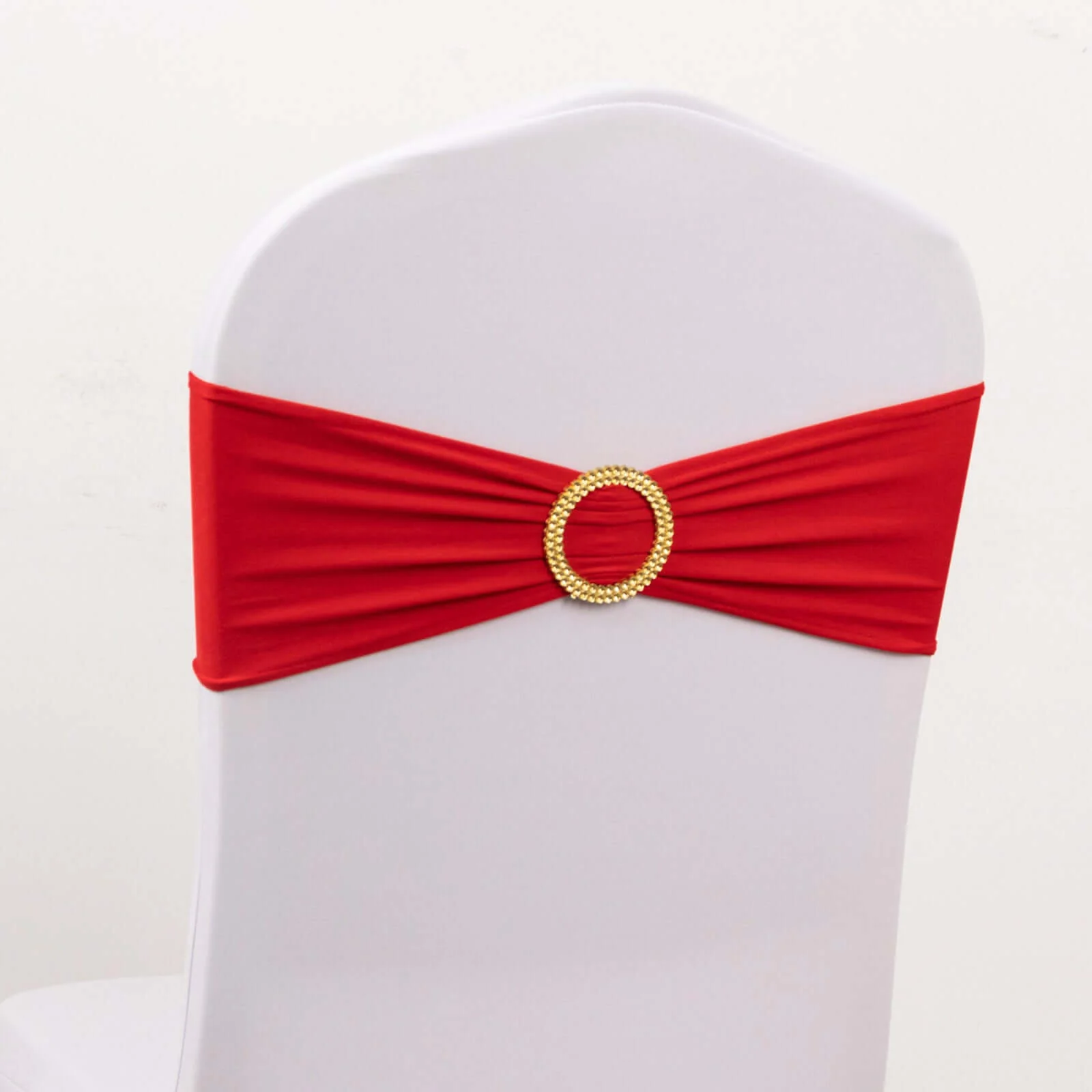 5 Pack Spandex Chair Sashes 5"x14" Red with Gold Rhinestone Buckles - Wrinkle-Free Stretch Chair Bands
