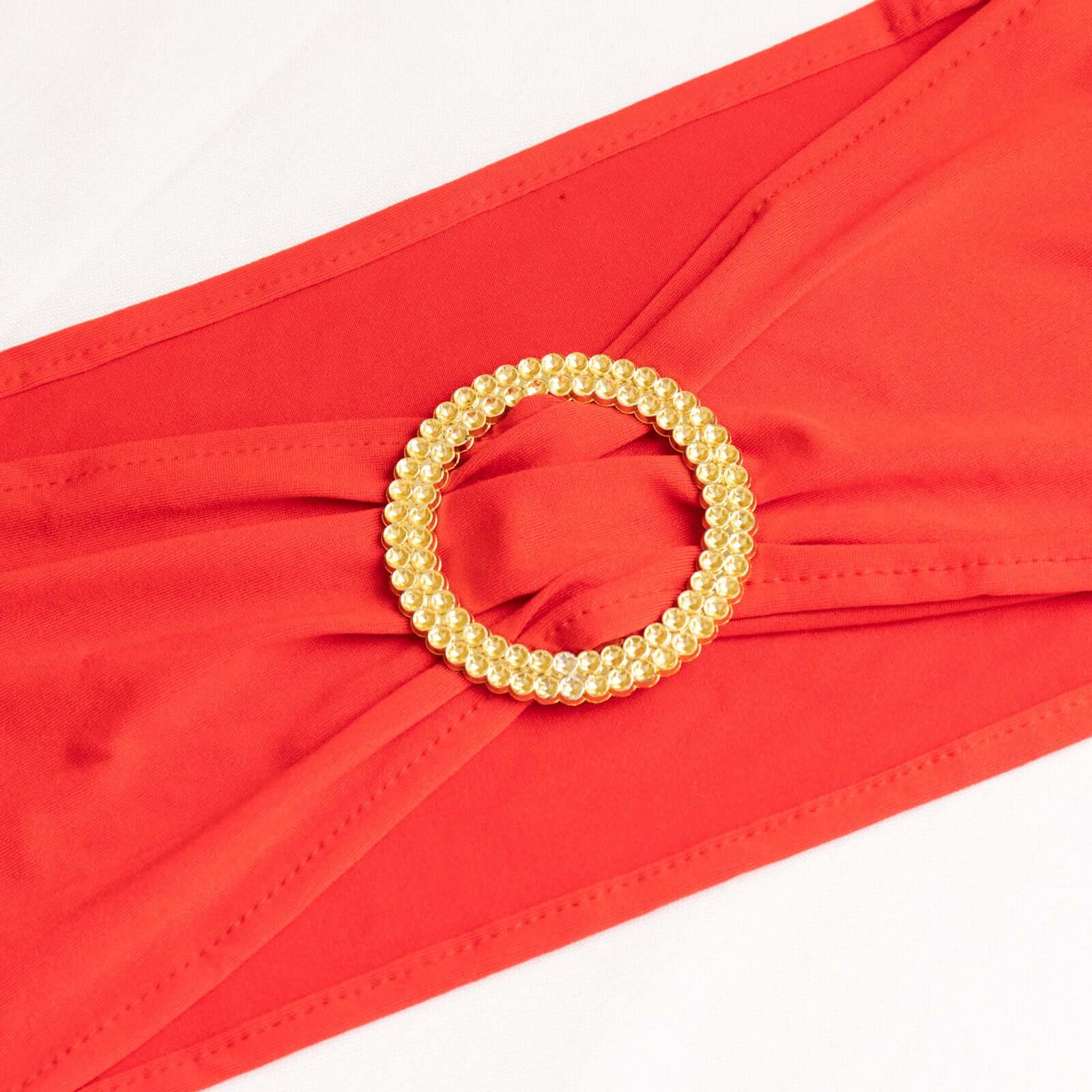 5 Pack Spandex Chair Sashes 5"x14" Red with Gold Rhinestone Buckles - Wrinkle-Free Stretch Chair Bands - Image 2