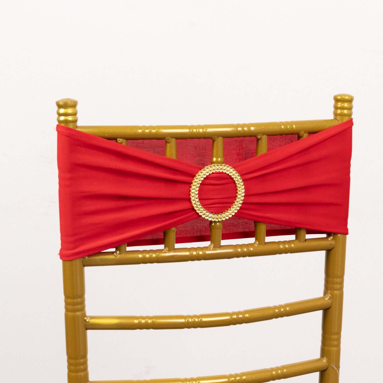 5 Pack Spandex Chair Sashes 5"x14" Red with Gold Rhinestone Buckles - Wrinkle-Free Stretch Chair Bands - Image 5